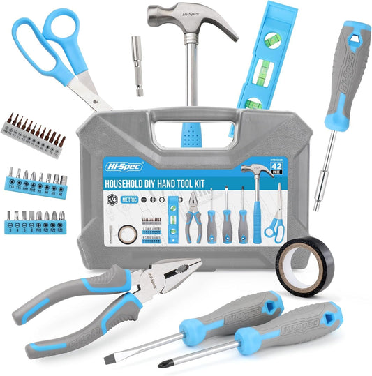 Hi-Spec Caja de Herramientas Azul de 42 piezas. Juego de Herramienta Completa Para Bricolaje, Reparaciones y Mantenimiento Diario en el Hogar, Taller, y Oficina. Con Maletín Compacto para Transporte