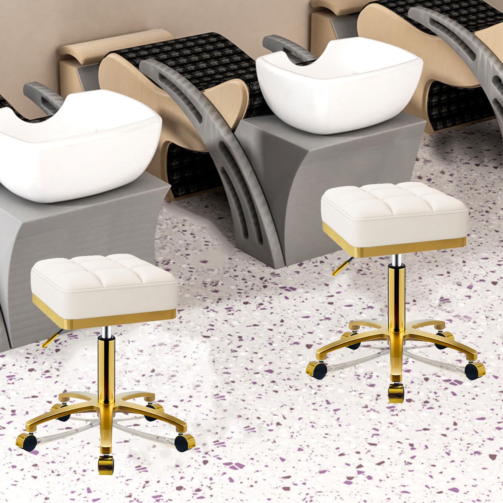 CQAEBK - Taburete giratorio cuadrado dorado ajustable con ruedas, con pestañas de cambiador, silla de rodillo de spa, masaje estético, taburete de pedicura, marco chapado en oro resistente (blanco)