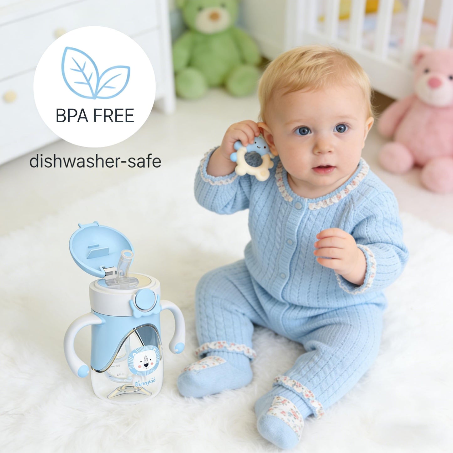 Bunnytoo Taza para bebé con pajita pesada, con boquilla de silicona suave, a prueba de derrames, con mango, adecuada para bebés mayores de 6 meses, sin BPA,8 oz(albaricoque)