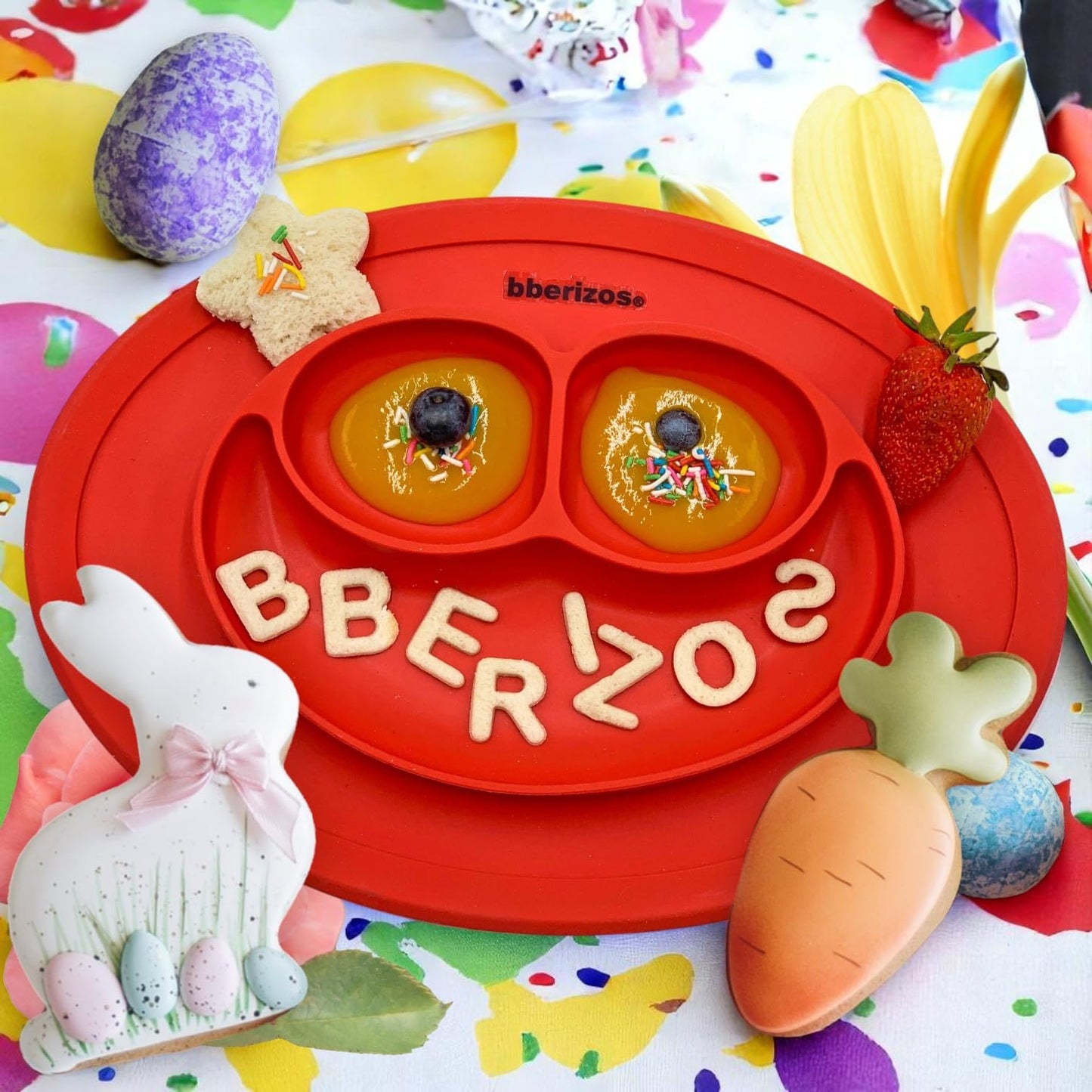 Bberizos| Platos para Bebes Cuchara de Silicona para Bebe Plato con Divisiones Set de Alimentación Niño Niña Snacks Papillas Libre de BPA PVC (Rojo)