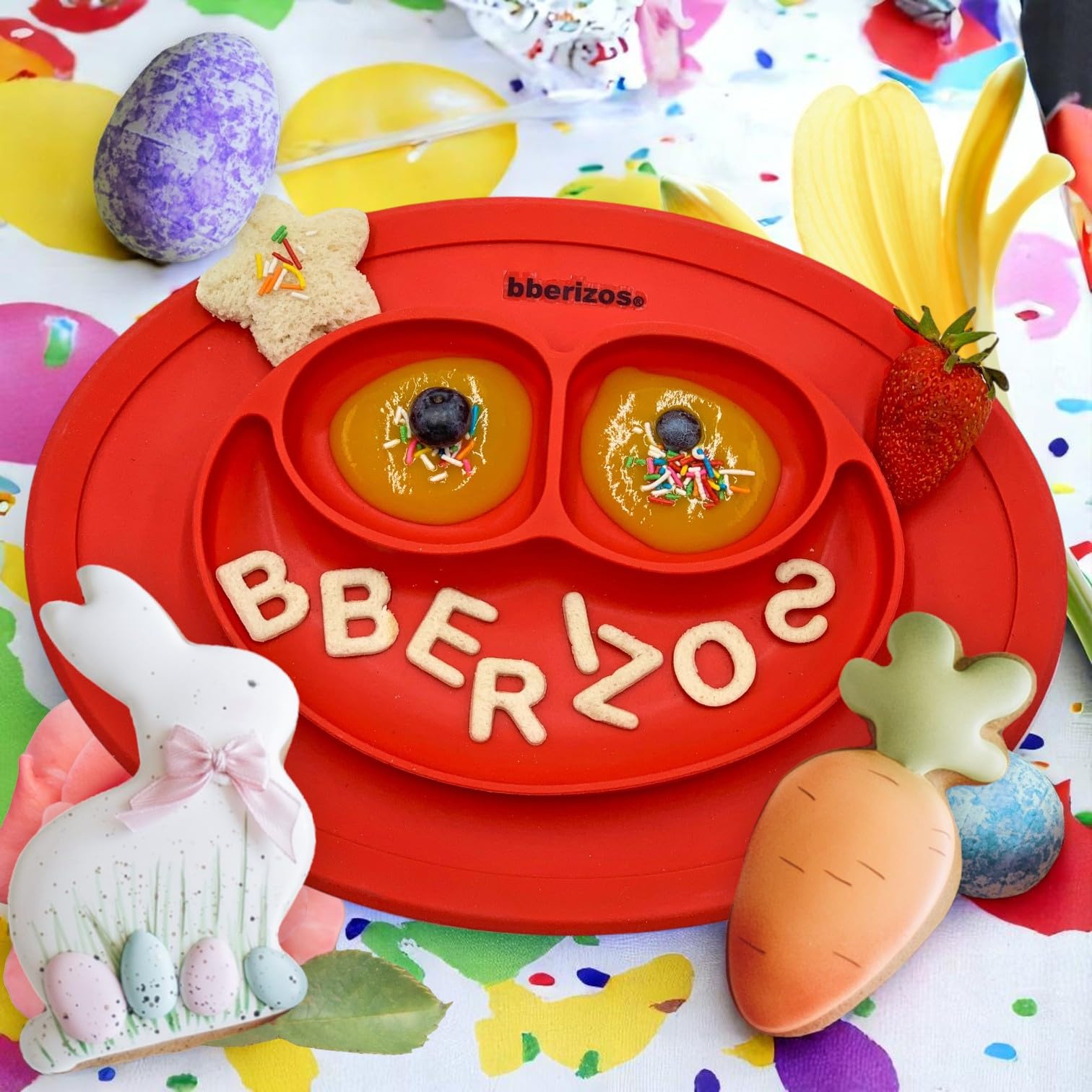 Bberizos| Platos para Bebes Cuchara de Silicona para Bebe Plato con Divisiones Set de Alimentación Niño Niña Snacks Papillas Libre de BPA PVC (Rojo)