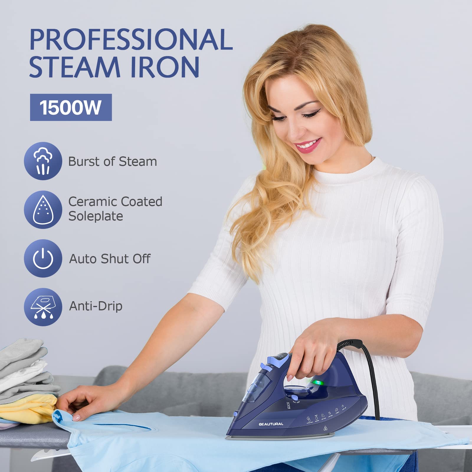 BEAUTURAL Plancha de vapor para ropa con esfera de termostato de precisión, suela recubierta de cerámica, 3 vías, auto-limpieza, anticalcio, antigoteo