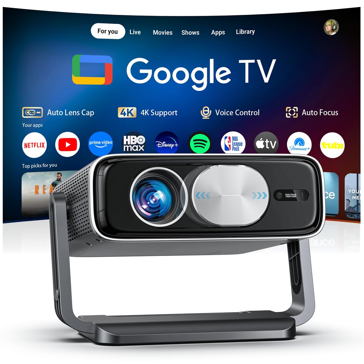 Proyector 4K [incluido con Google TV Stick], WiFi y Bluetooth, 3000 ANSI, Enfoque Automático y Tapa de Lente Automática, Proyector Portátil para Cine Interior y Exterior con Aplicaciones Integradas