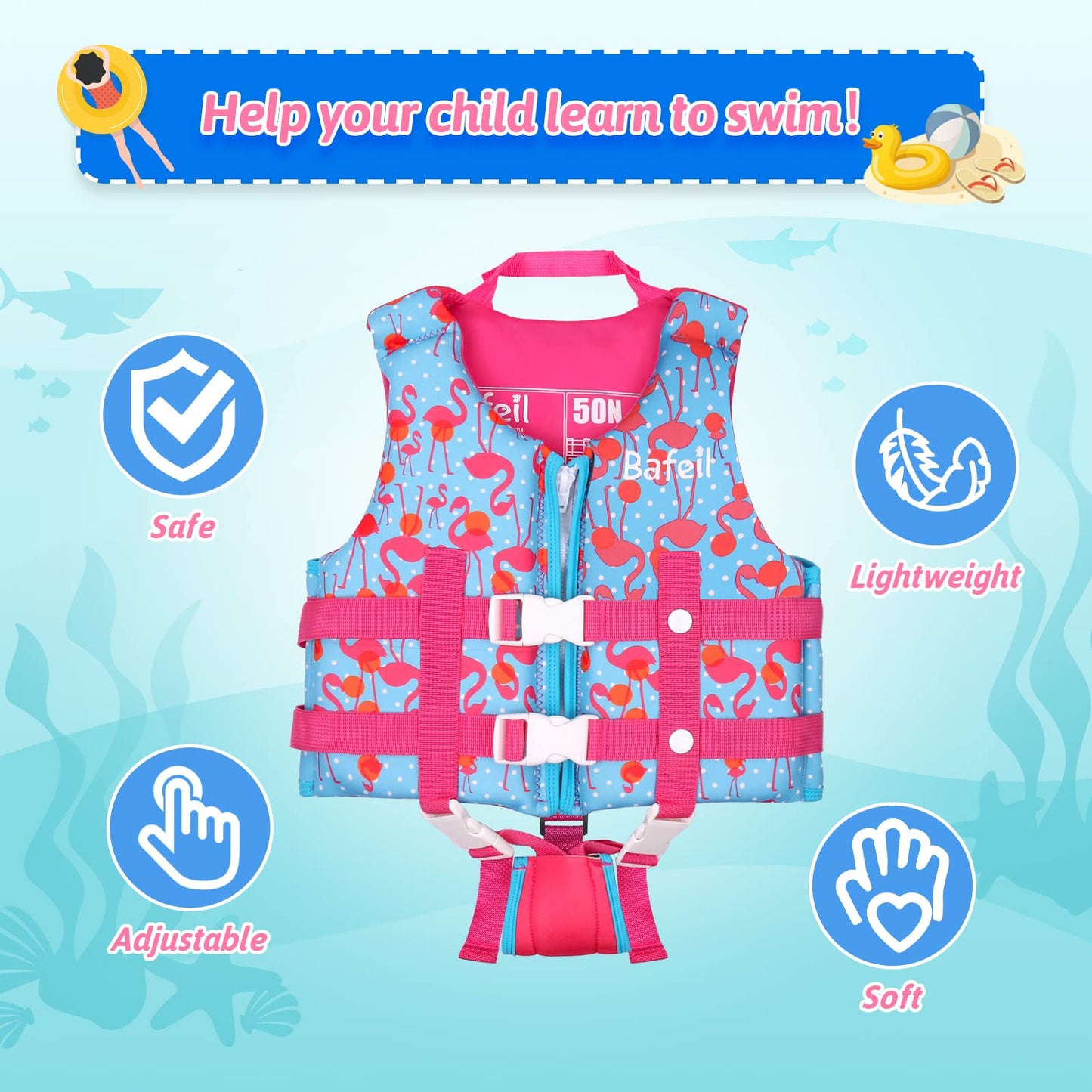 Bafeil - Chaleco de natación para niños pequeños con correa de seguridad ajustable, adecuado para 1-9 años/22-50 libras