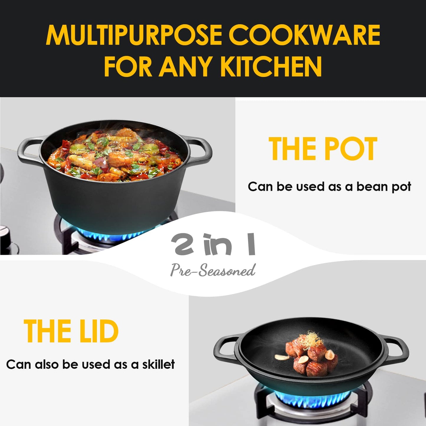 EDGING CASTING - Olla de hierro fundido presazonada 2 en 1 con tapa de sartén, sartén de hierro fundido con doble asa, para interior y exterior para pan/freír/hornear/acampar/barbacoa, 5 cuartos