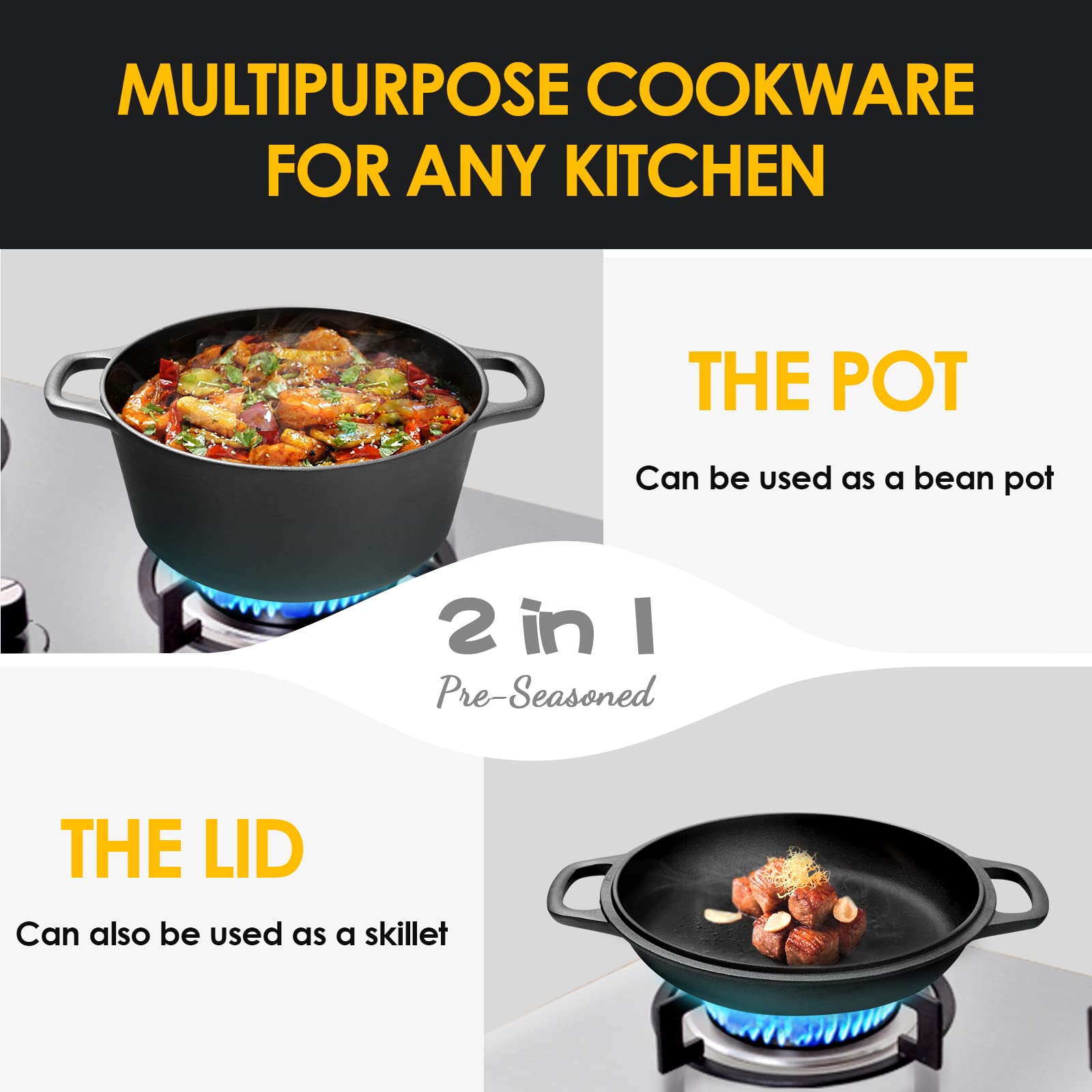 EDGING CASTING - Olla de hierro fundido presazonada 2 en 1 con tapa de sartén, sartén de hierro fundido con doble asa, para interior y exterior para pan/freír/hornear/acampar/barbacoa, 5 cuartos
