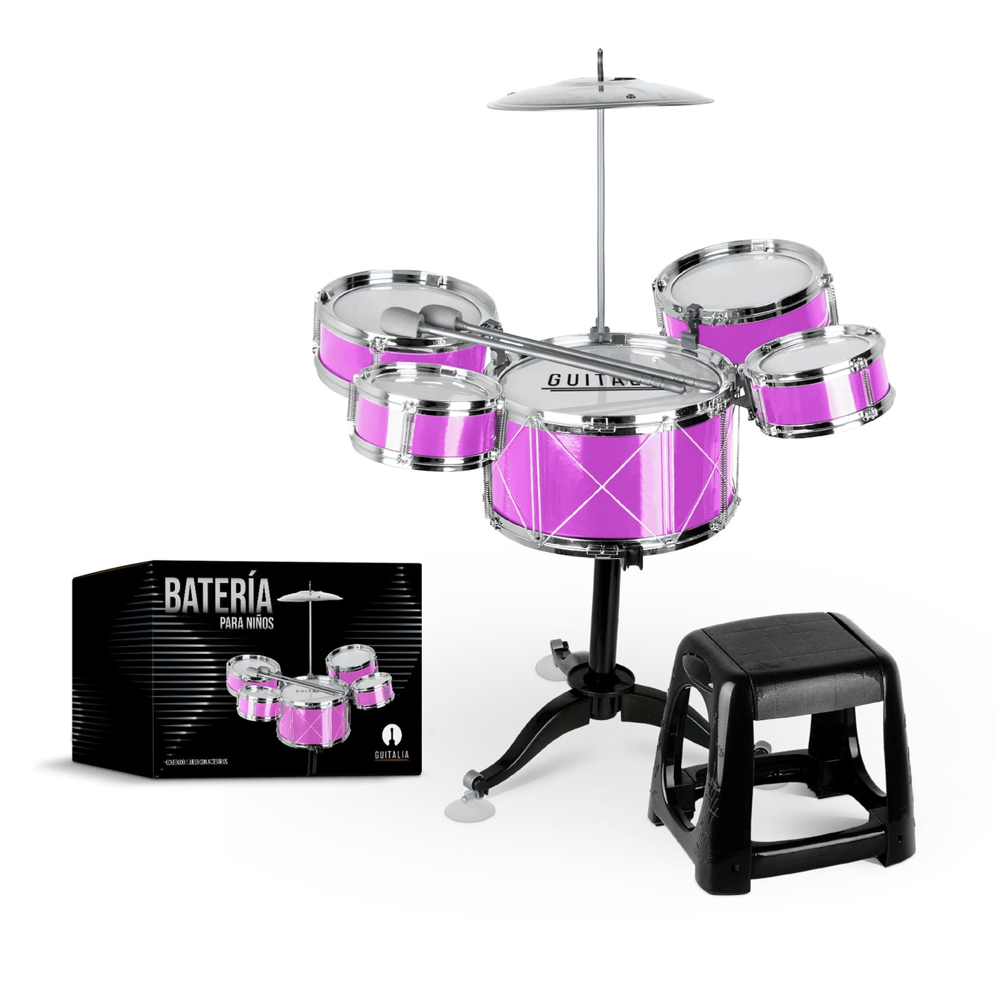 Guitalia Batería para Niños con Banco y Baquetas, Platillo, Bombo y Tarolas con Sonidos Realistas, Fácil de Armar, Ligera, Resistente, Ideal para Desarrollar la Creatividad y Habilidades Musicales