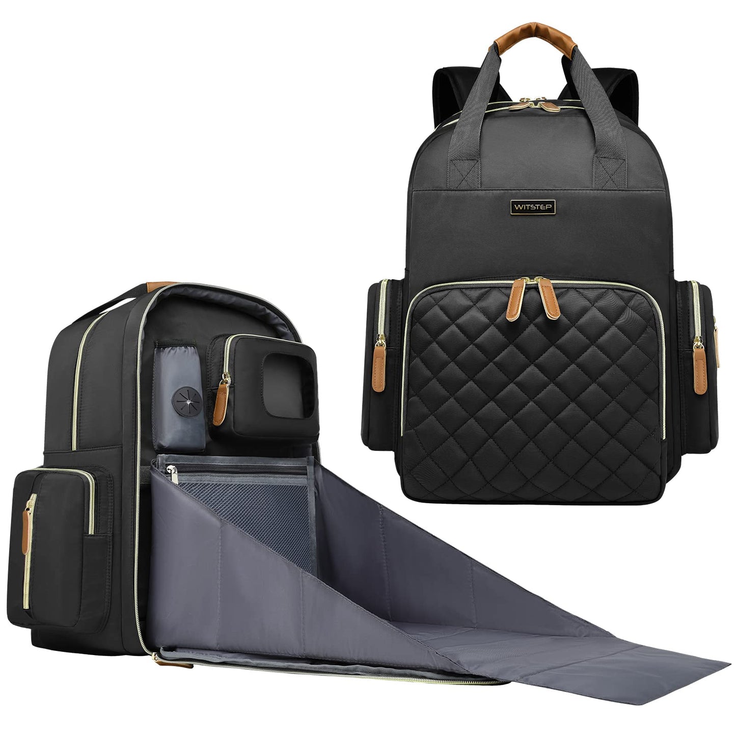 WITSTEP - Mochila para pañales con estación de cambio, organizador de pañales para bebés, para mamás, papás, bolsas grandes para cambiar de bebé, Negro, Medium-Large, Bolsa de pañales con cambiador