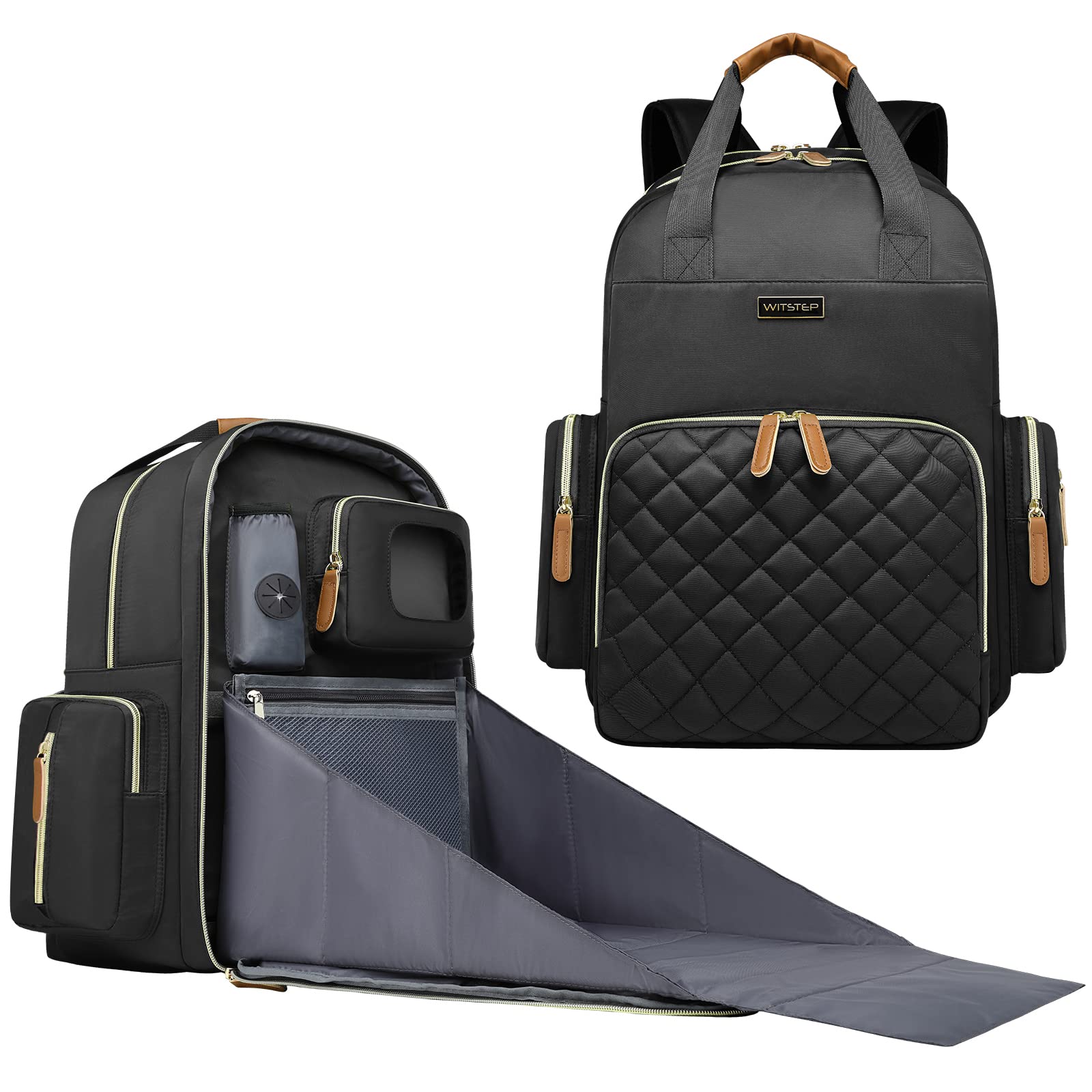 WITSTEP - Mochila para pañales con estación de cambio, organizador de pañales para bebés, para mamás, papás, bolsas grandes para cambiar de bebé, Negro, Medium-Large, Bolsa de pañales con cambiador
