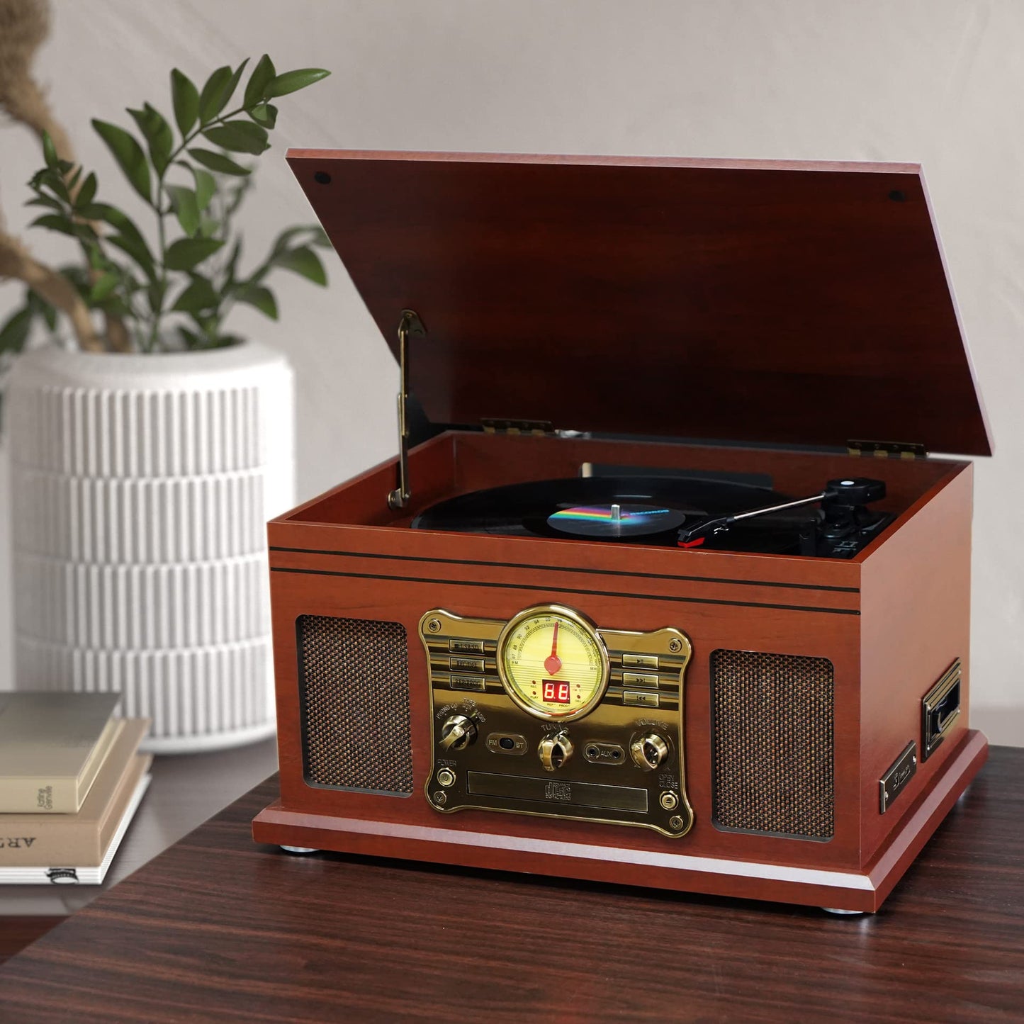 Kedok Tocadiscos Bluetooth de Vinilo con Altavoces estéreo, Convertidor de Vinilo LP a MP3 con CD, Reproductor de Casete,Radio FM,Entrada Auxiliar y Tomas de Auriculares