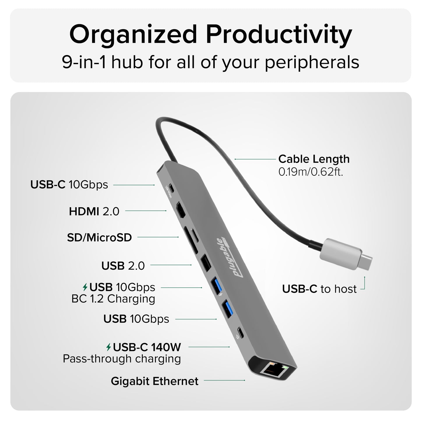 Adaptador Multipuerto USB C Plugable 140W HDMI 4K 60Hz para MacBook, Windows, Chromebook