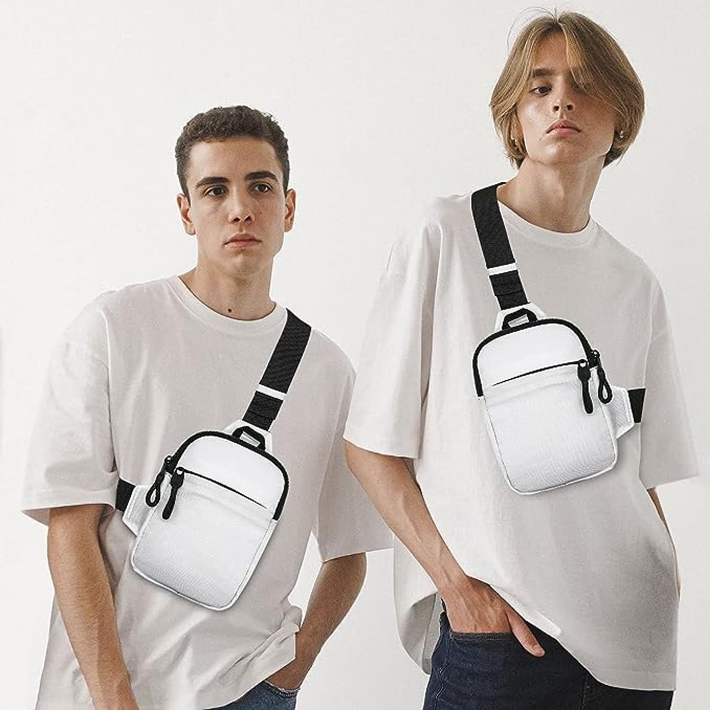 CXJYSD Mini Bolso Cruzado En El Pecho,Para Hombre Y Mujer Con Bolsillos Dobles,Riñonera Impermeable Con Manos Libres,Adecuado Para Deportes Al Aire Libre,Correr Y Viajar (Blanco-01)