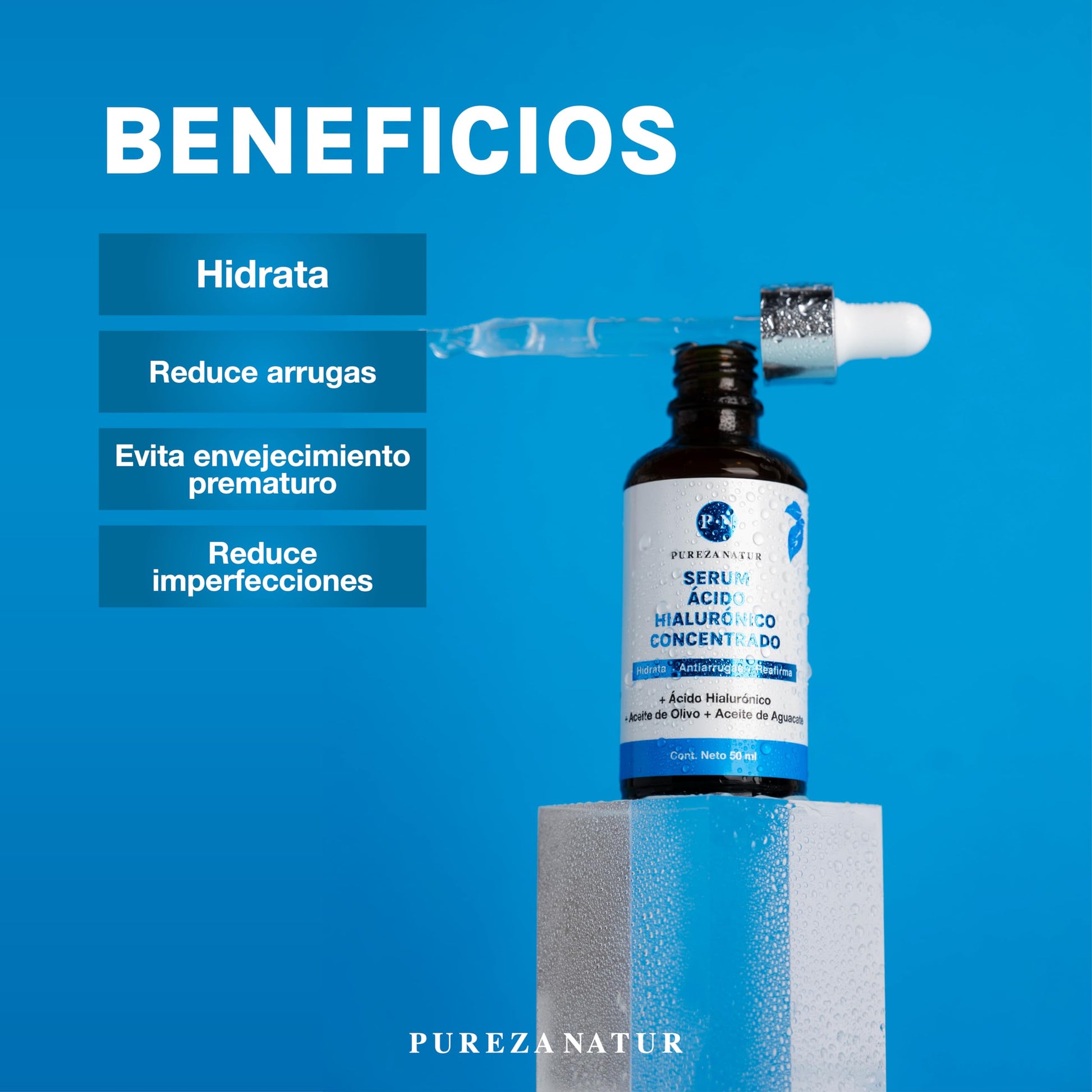 PUREZA NATUR Serum Acido Hialurónico facial Hidratante + Aceite de aguacate y Olivo para la cara skin care | Suero anti aging, para ojeras y arrugas 50ml (Serum AH concentrado)
