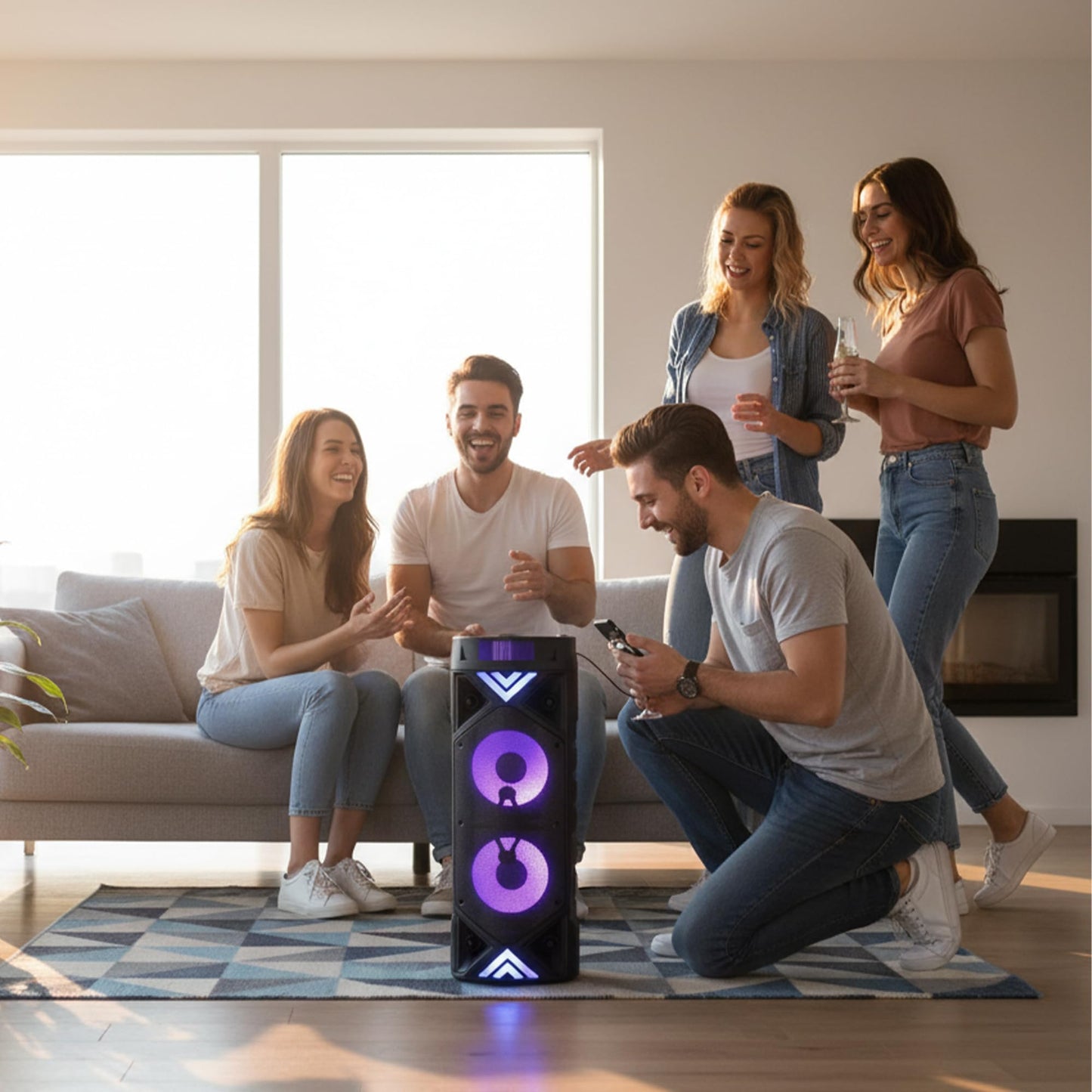 Bluelander Bocina Bluetooth Portátil 25W, Power Bass Dual 6.5, Altavoz con Micrófono, Karaoke, Luces LED, Radio FM, USB, AUX y TWS