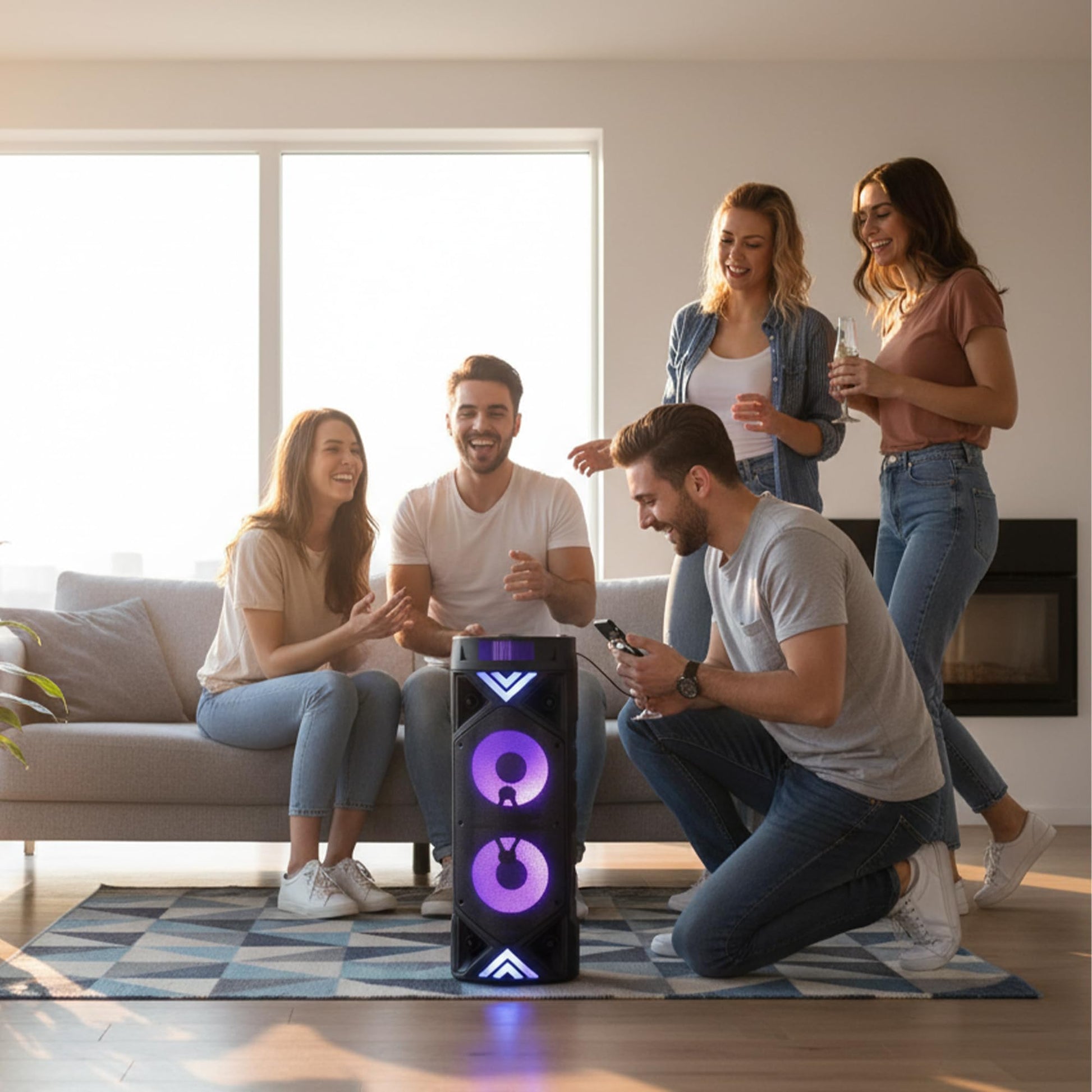 Bluelander Bocina Bluetooth Portátil 25W, Power Bass Dual 6.5, Altavoz con Micrófono, Karaoke, Luces LED, Radio FM, USB, AUX y TWS