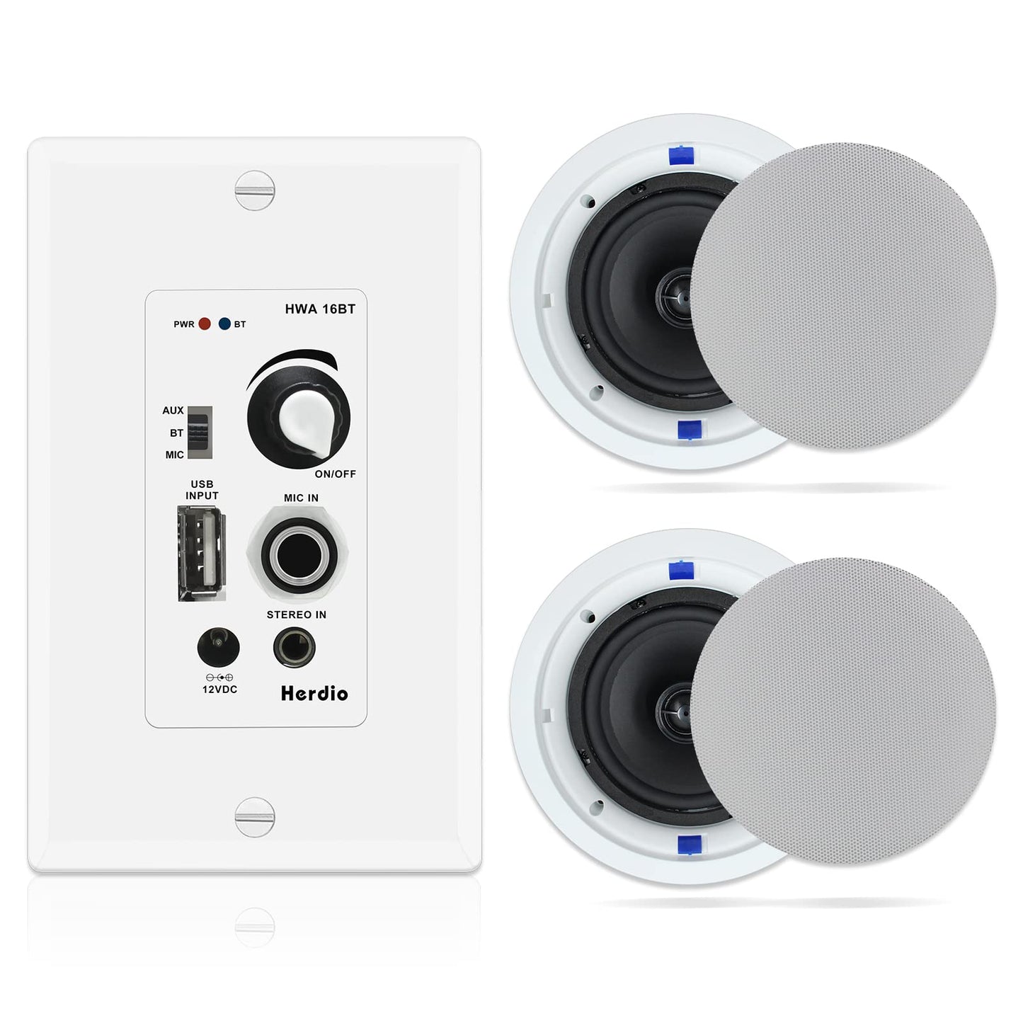 Herdio - Altavoces de techo Bluetooth de 6.5 pulgadas, 320 W, montaje empotrado de 2 vías, receptor amplificador de pared, adecuado para cine en casa, baño, sala de estar, cocina, oficina (blanco,