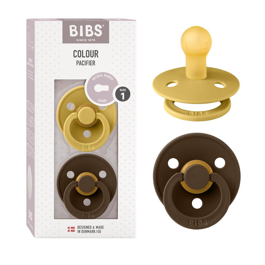 BIBS Colour Paquete de 2 chupetes. Libre de BPA, Tetina redonda. Látex natural, Talla 1 (0-6 meses) Mustard/Mocha