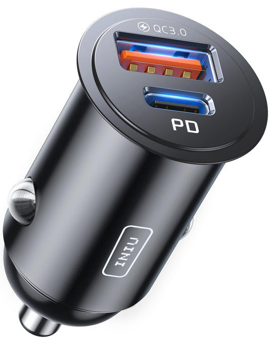 INIU Cargador Auto, USB C 30W+USB A 30W QC3.0 Car Phone Charger Cargador de Coche Adaptador Compatible con iPhone 16 15 14 13 12 Pro Plus MAX Mini Samsung S21 Huawei iPad Airpods Portátiles Tabletas