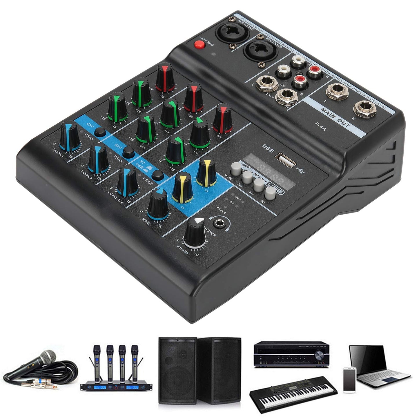 Heayzoki Consola de Placa de Sonido de Mezclador de Audio, Mezclador de Audio de 4 Canales, Consola de Mezcla Estéreo USB Compacta, con Tarjeta de Sonido, para el Hogar/Computadora(US)