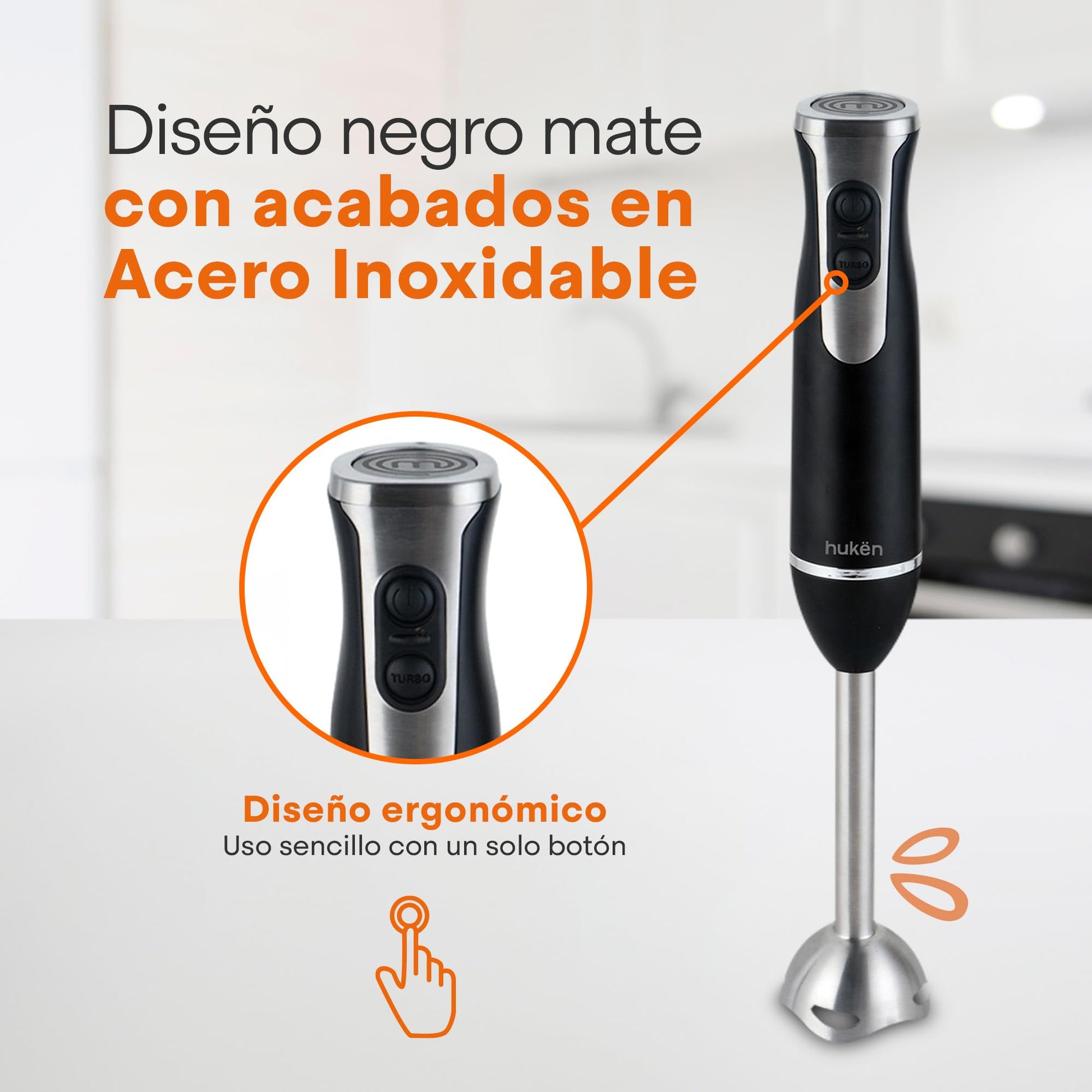 Licuadora de inmersión con Chopper MasterChef by Hukën, Espirilizador, Batidor,Acero inoxidable, Licuadora de mano, función turbo 400 W, modelo MK-HBS-7
