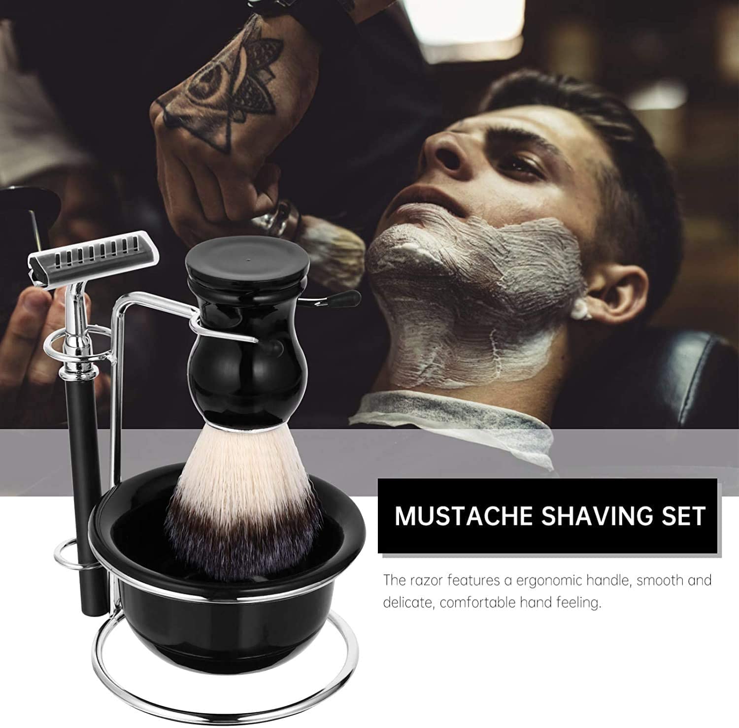 Juego de herramientas de afeitado para hombre con jabonera + cepillo de afeitado + soporte para cepillo + maquinilla de afeitar (4 cuchillas reemplazables), kits de afeitado para hombres, gran opción de regalo para tu hombre, marido, padre o hermano