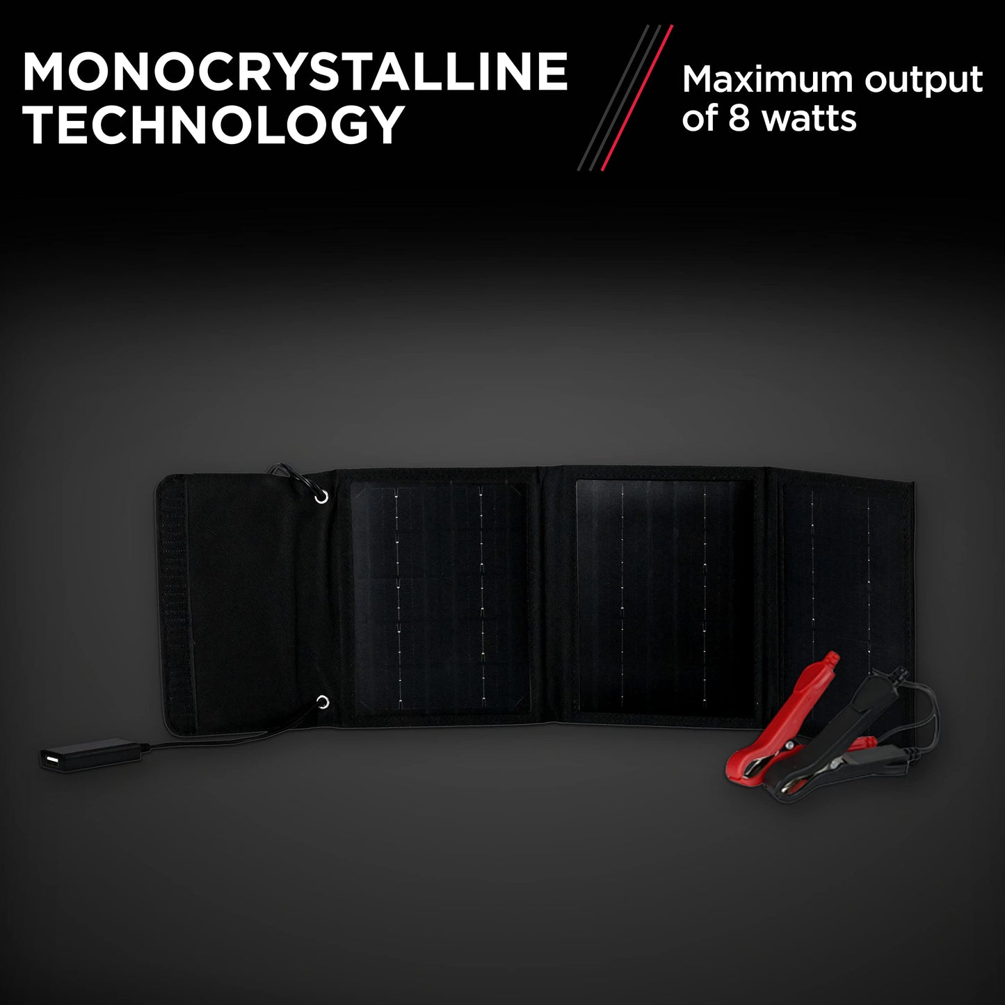 Schumacher Cargador de batería Solar portátil eléctrico, SA1658, 8 vatios, 12 voltios, para Coche, Motocicleta y baterías Deportivas de Potencia, Resistente al Agua, Puerto USB de 1.7 amperios