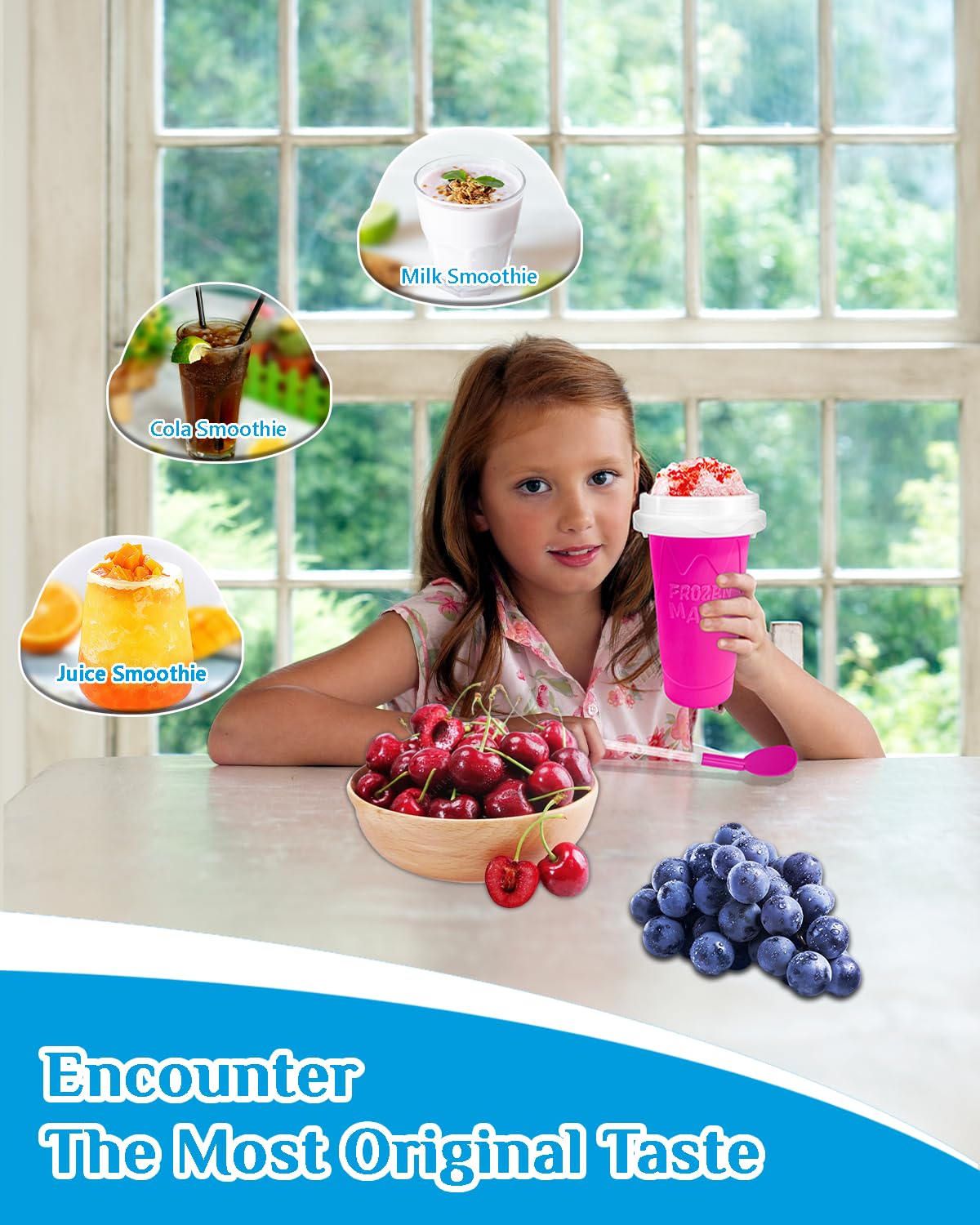 Vaso para granizados, vasos mágicos para hacer granizados, vaso portátil para jugos, leche y helado, de sílice de doble capa con tapa y pajita para niños, amigos y familiares (rosa)