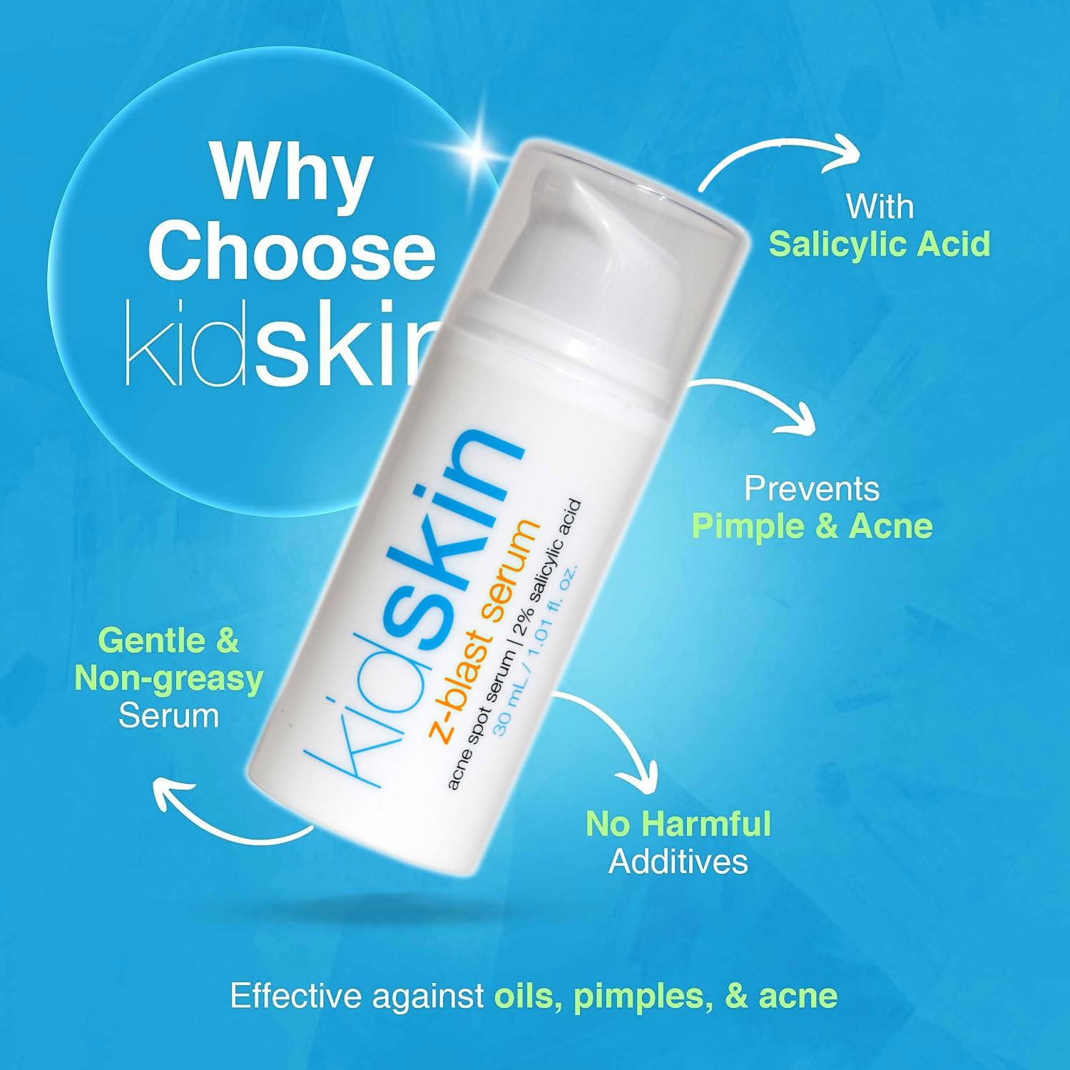 Kidskin - Z-Blast Acne Serum, Preteens, and Teens - Acne Serum - Pimple and Breakout Prevention - 2% Salicylic Acid