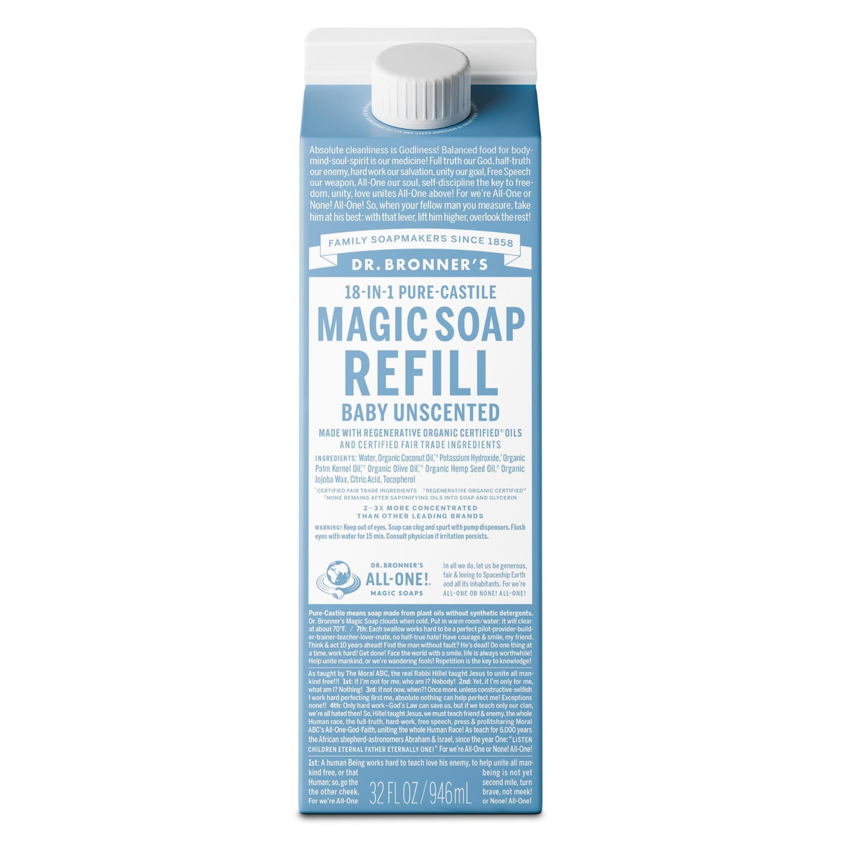 Dr. Bronner's Baby | Recambio de Jabón de Castilla Puro Sin Perfume (946 ml)