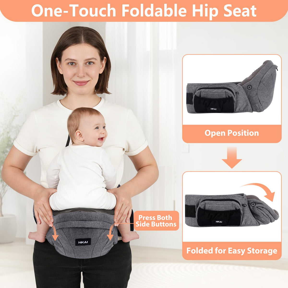 HKAI Portabebés eléctrico con asiento de cadera, cintura ajustable y malla transpirable, soporte ergonómico con superficie antideslizante de asiento de cadera para recién nacidos y niños pequeños,