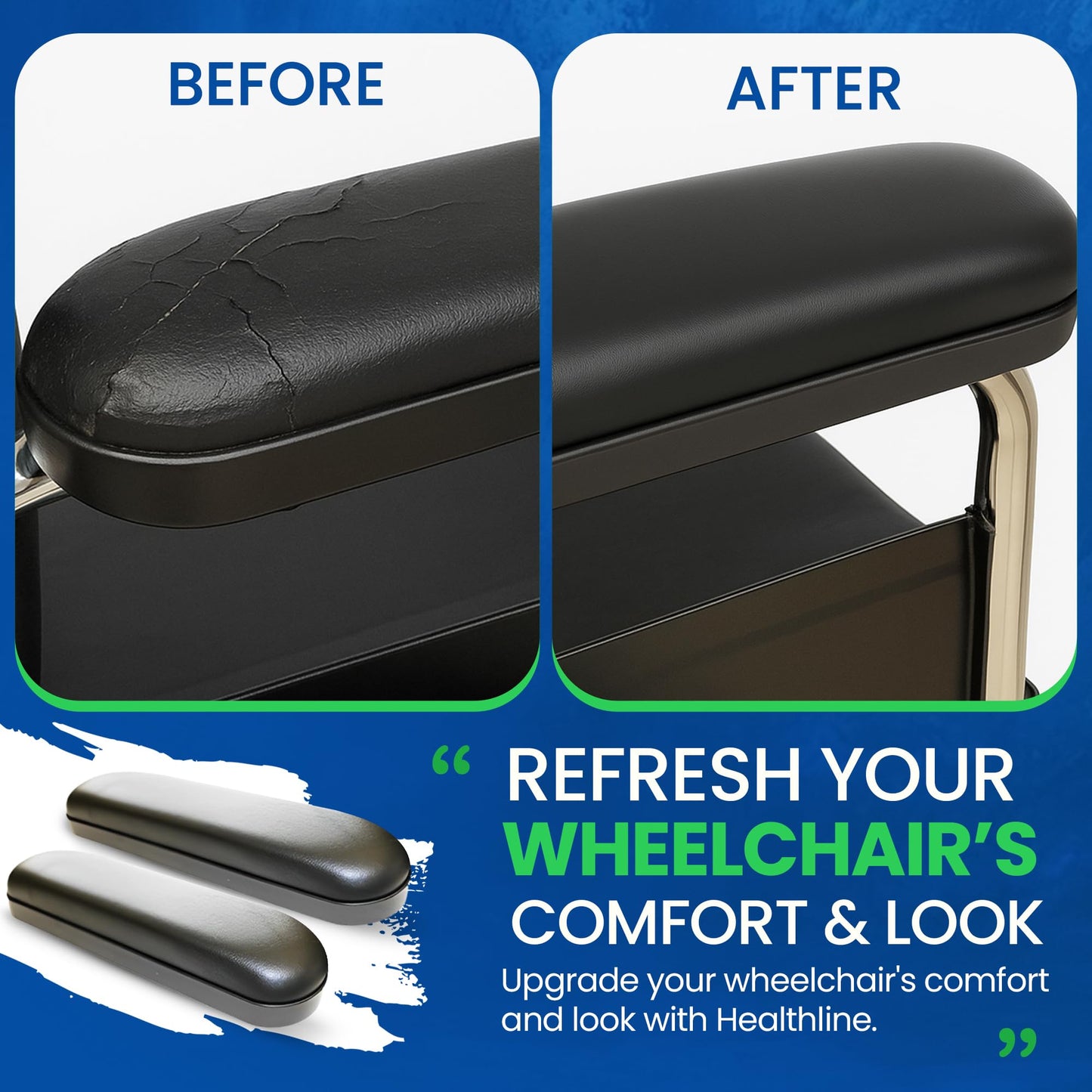 Healthline - Reposabrazos acolchados para silla de ruedas, almohadillas universales de repuesto negras, 14 pies de longitud completa (2)