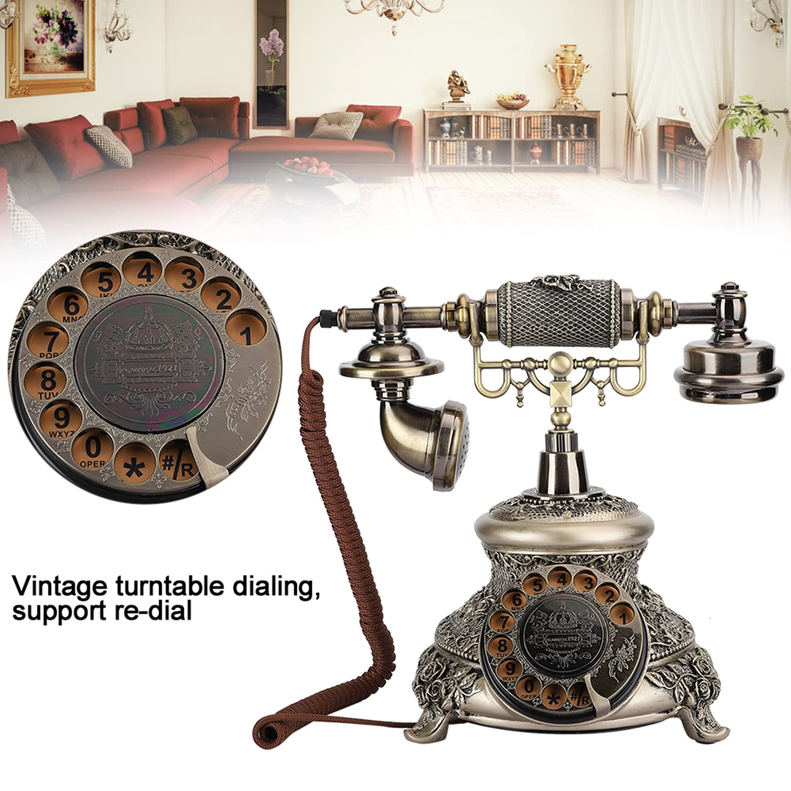 Teléfono Antiguo, Teléfono Giratorio Ms-5700D Resina, Clásico, Antiguo, Tocadiscos, Teléfono Decorativo, Rotación, Teléfono Europeo para Escritorio, Oficina en Casa, Teléfonos de Oficina, Línea Fija