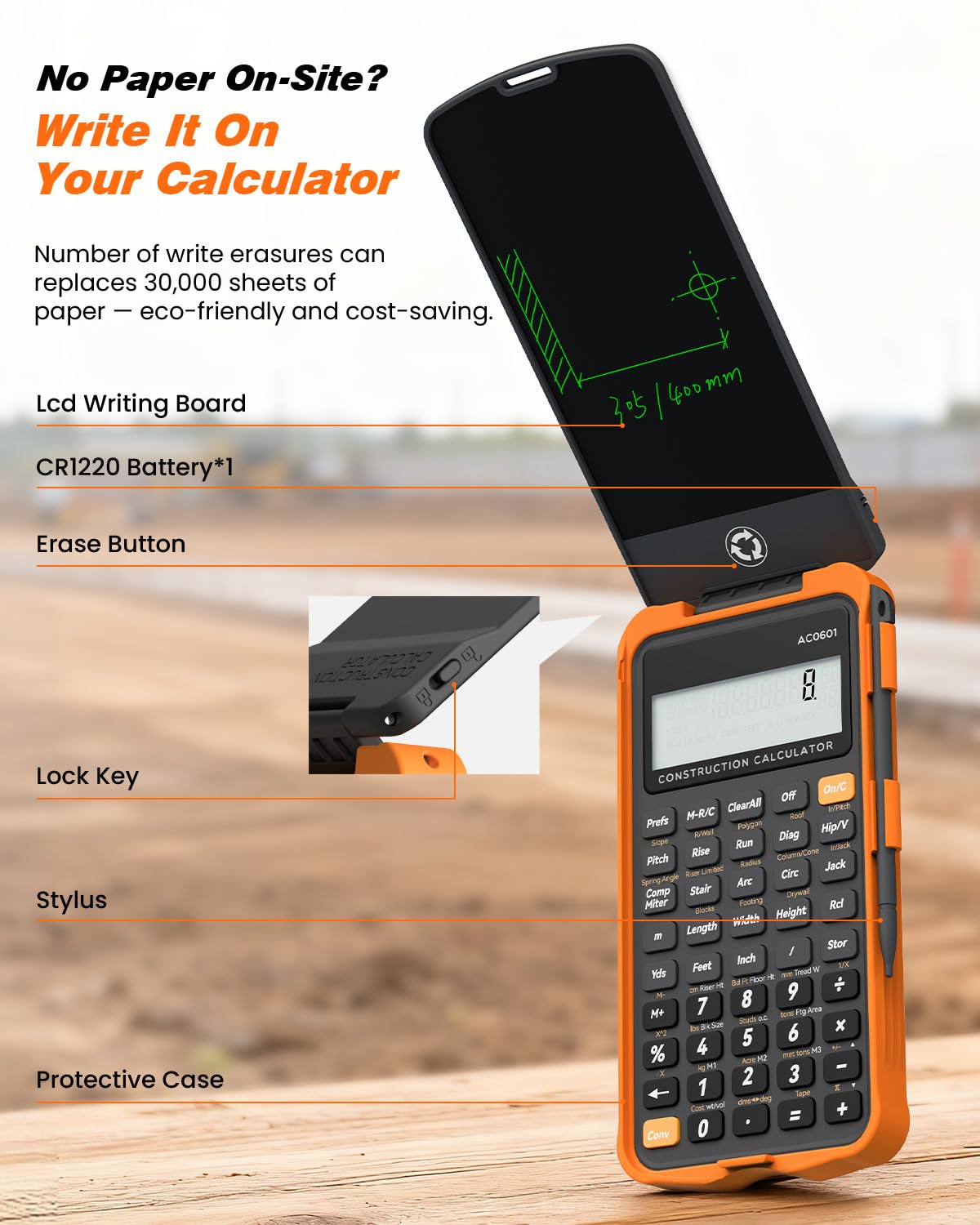 Calculadora de Construcción ROATEE Negra con Tablet de Escritura para Contratistas