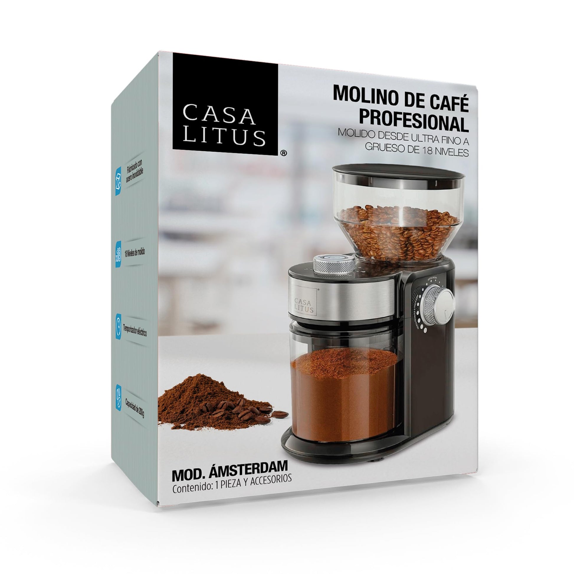 CASA LITUS Molino de Café Eléctrico Profesional 200gr, Moledor de Café en Grano 18 Niveles de Molienda: Espresso, Prensa Francesa, Cafetera, Cafetera Italiana (Moka), Cuchillas de Acero Inoxidable