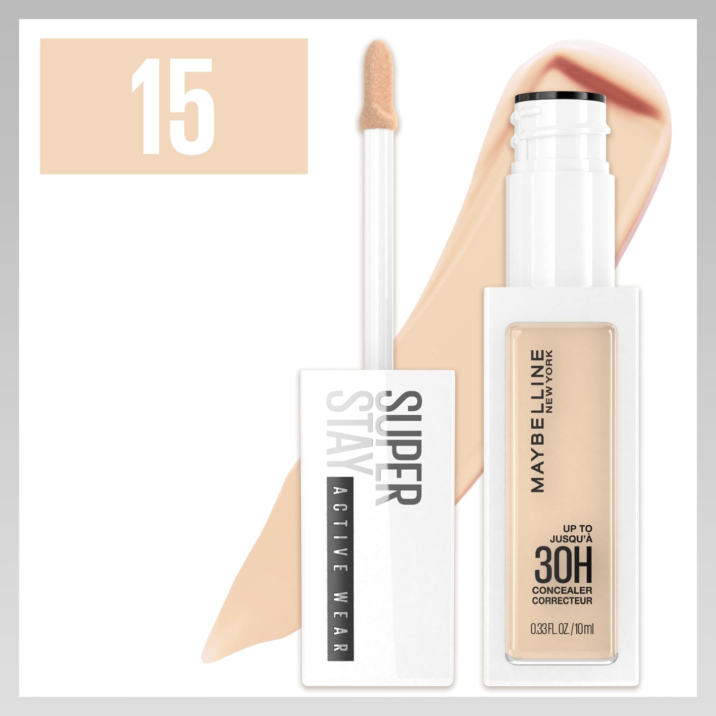 Maybelline Corrector facial que ofrece un acabado natural de larga duración, Active Wear corrector 30H, Tono 15 Light, 10ml
