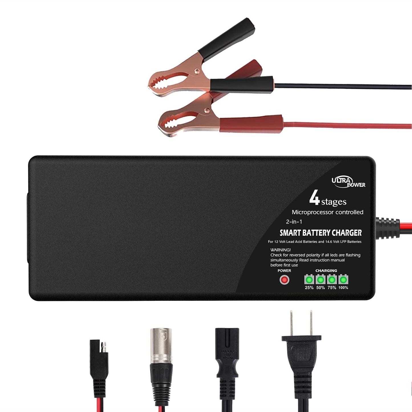 ULTRAPOWER - Cargador de batería mejorado de 10 amperios, LiFePO4 de litio de 14.6 voltios y SLA GEL de 12 voltios, cargador de batería para coche, carrito de golf, UAV, baterías de energía al aire
