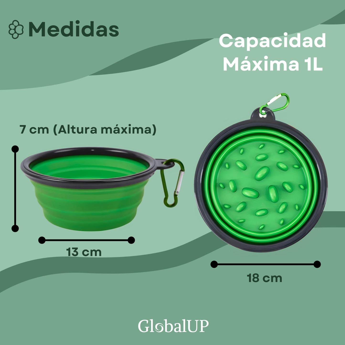 GlobalUP Plato para Perro, Bebedero para Perro. Contenedor para croquetas Plegable. Tazon para alimento y Agua para Mascotas retractil Gato y Perro, fácil de Limpiar. (Verde, L/XL)