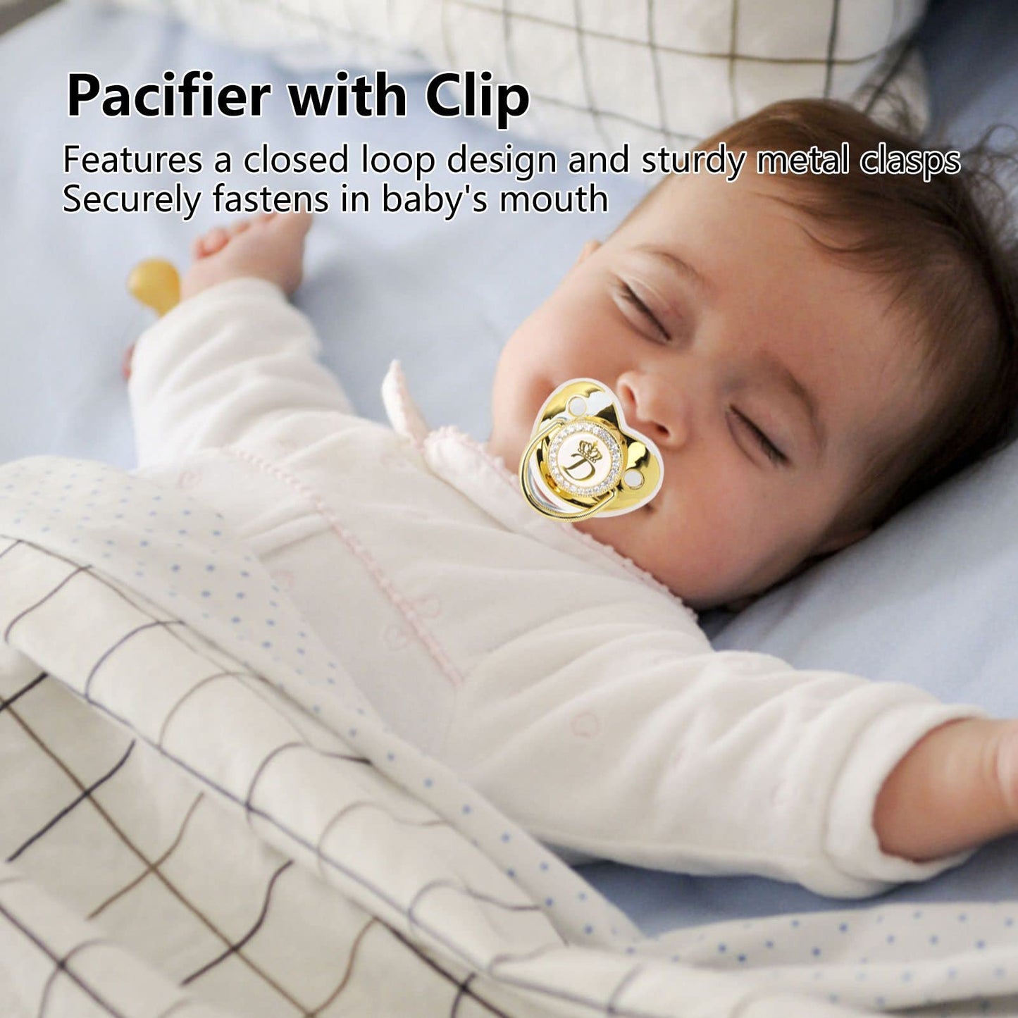 Chupete de bebé con letra dorada, chupete personalizado con clips para chupete y cubierta antipolvo para baby shower, fotografía de cumpleaños recién nacidos (D)