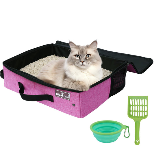 HiCaptain - Caja de arena portátil para gatos con tapa, caja de arena de viaje plegable en coche diseñada para gatos medianos, peso ligero a prueba de fugas, impermeable, fácil de llevar, color rosa