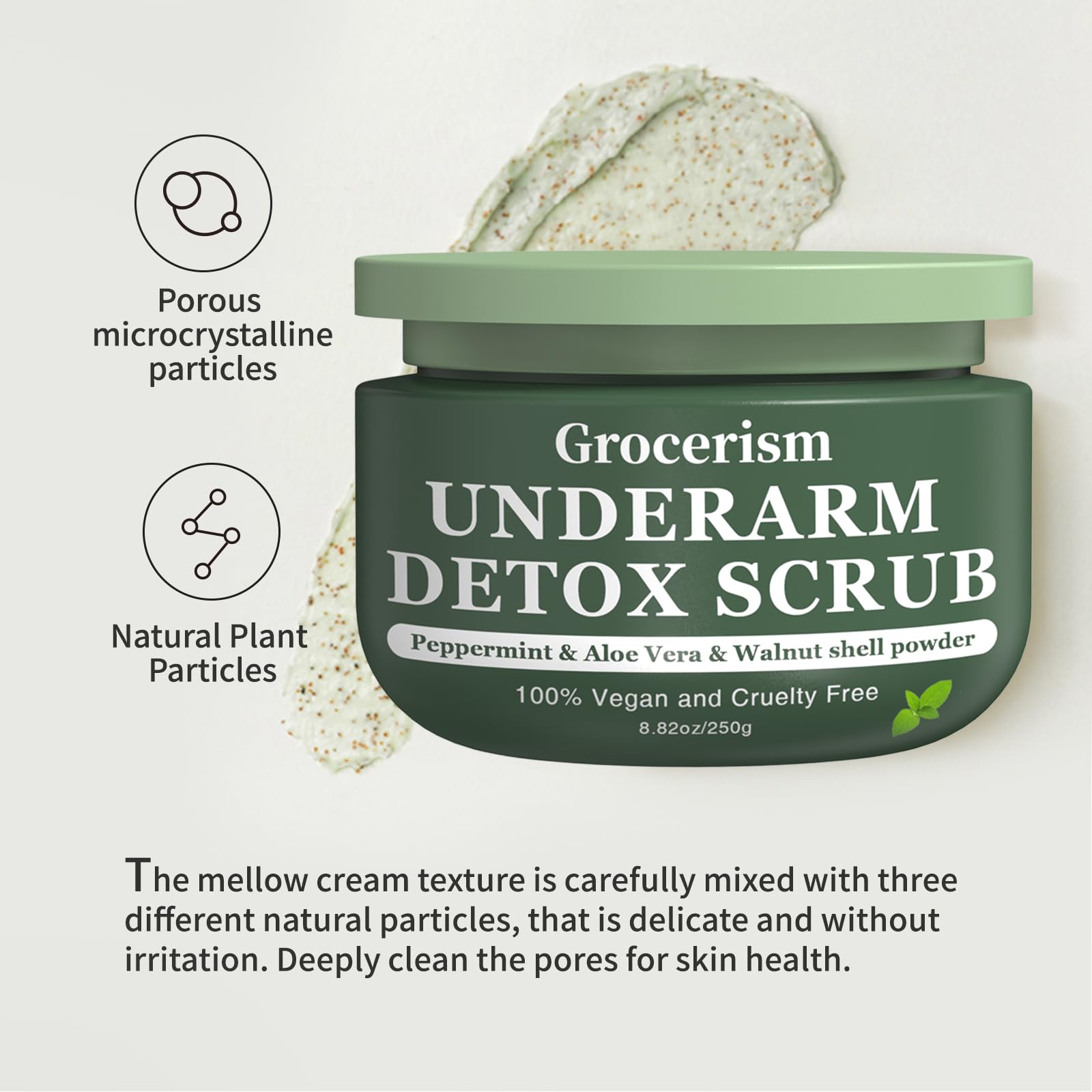 Armpit Detox and Body Scrub 8.8oz || with Peppermint and Aloe Vera for Odors Removing, Exfoliating, Moisturizing, Smoothen and Tighten, Also Underarm Detox for Legs, Knee, Feet, Arms and Hands