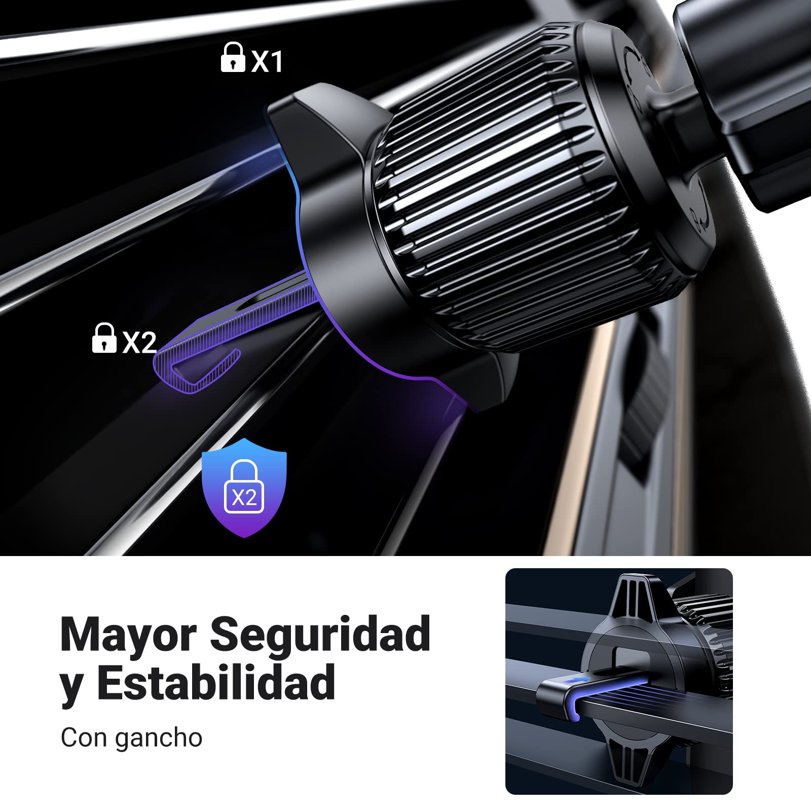 Soporte Celular Automóvil UGREEN Negro Giratorio 360° para iPhone y Galaxy