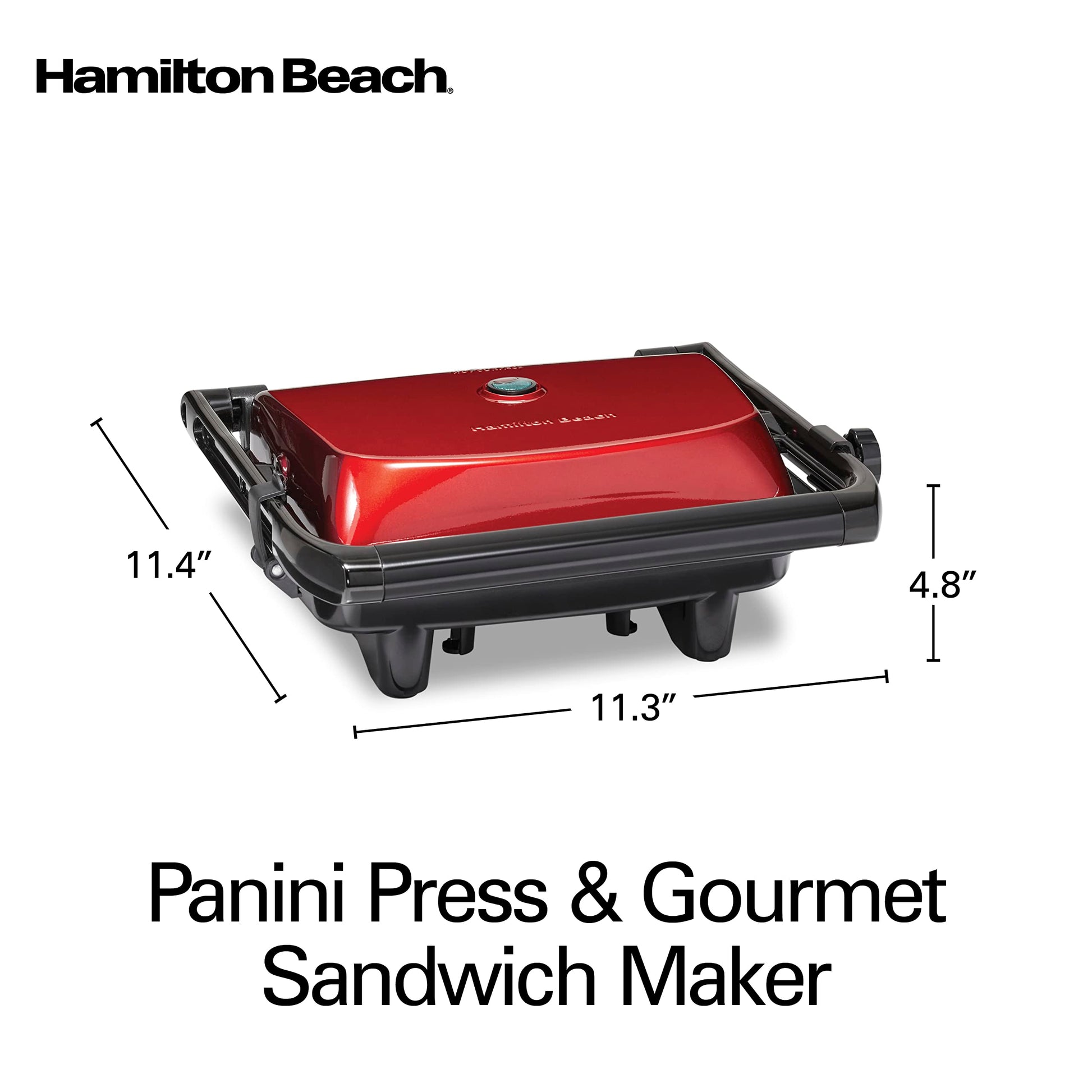 Hamilton Beach Sandwichera, Prensa para Panini, para Cualquier Espesor de Sándwich, Parrillas Antiadherentes de 25.4 x 20.32 Centímetros, Roja (25462Z)
