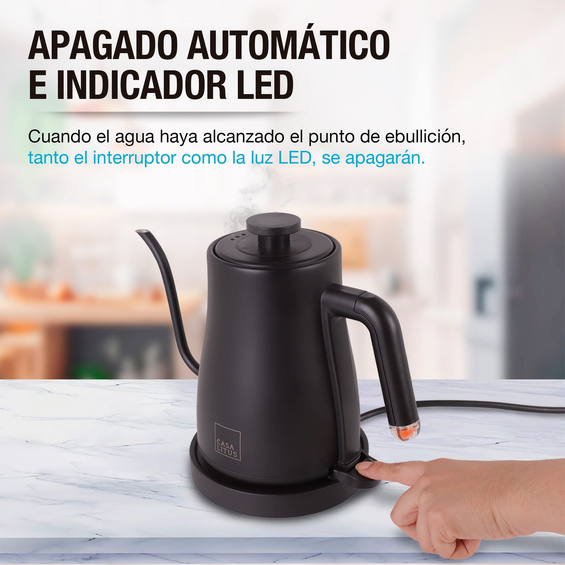 CASA LITUS Tetera Eléctrica de Acero Inoxidable con Cuello de Cisne, Hervidor de Agua Eléctrico con Apagado Automático y Tapa Hermética, Jarra para Preparar Café, Té y más, Cap. 1 Litro, Mod. Hamburgo