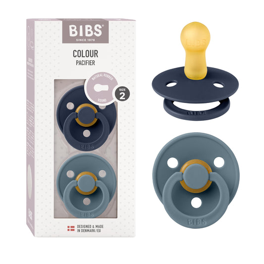 BIBS Colour Paquete de 2 chupetes. Libre de BPA, Tetina redonda. Látex natural, Talla 2 (6-18 meses),Deep Space/Petrol