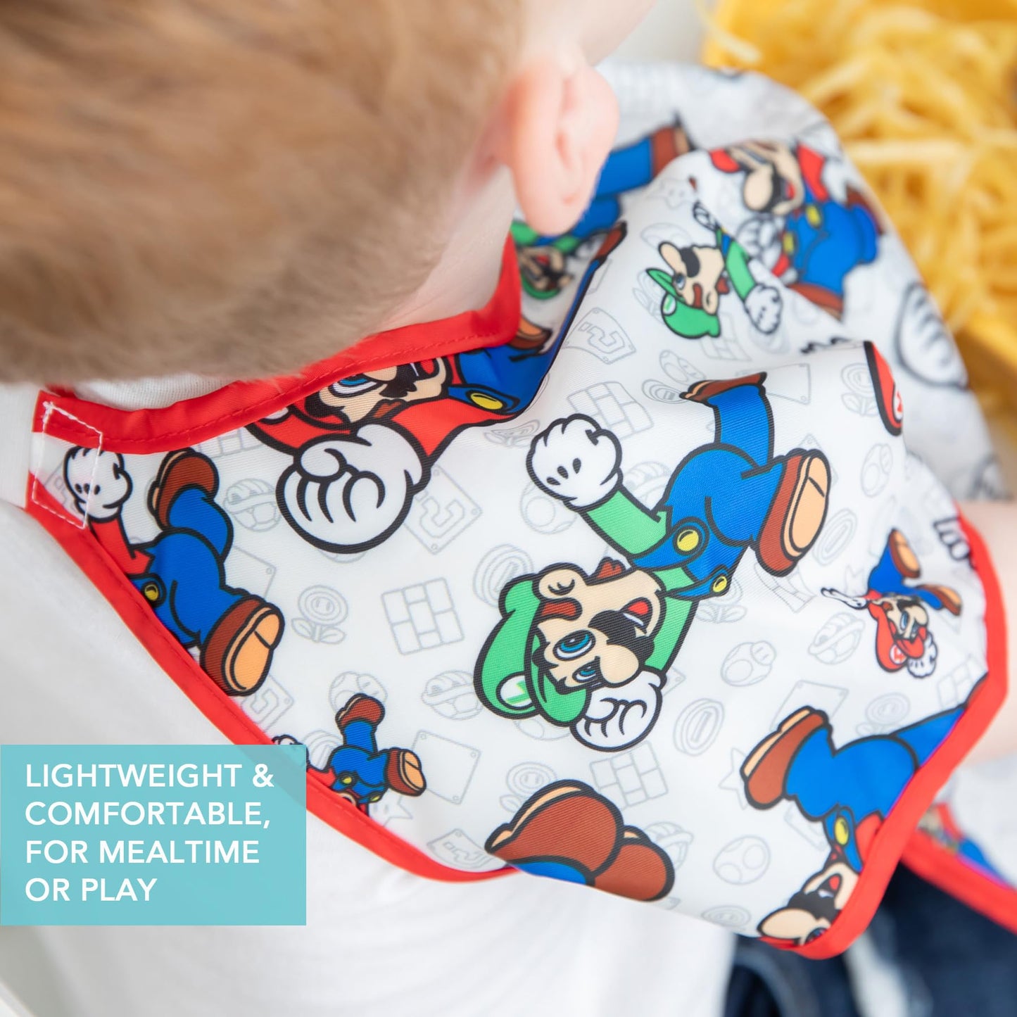 Bumkins - Babero de manga corta para Nintendo Super Mario para niñas o niños, niños pequeños y niños durante 1 a 3 años, tamaño grande, imprescindible para niños pequeños, comer, jugar, delantal de
