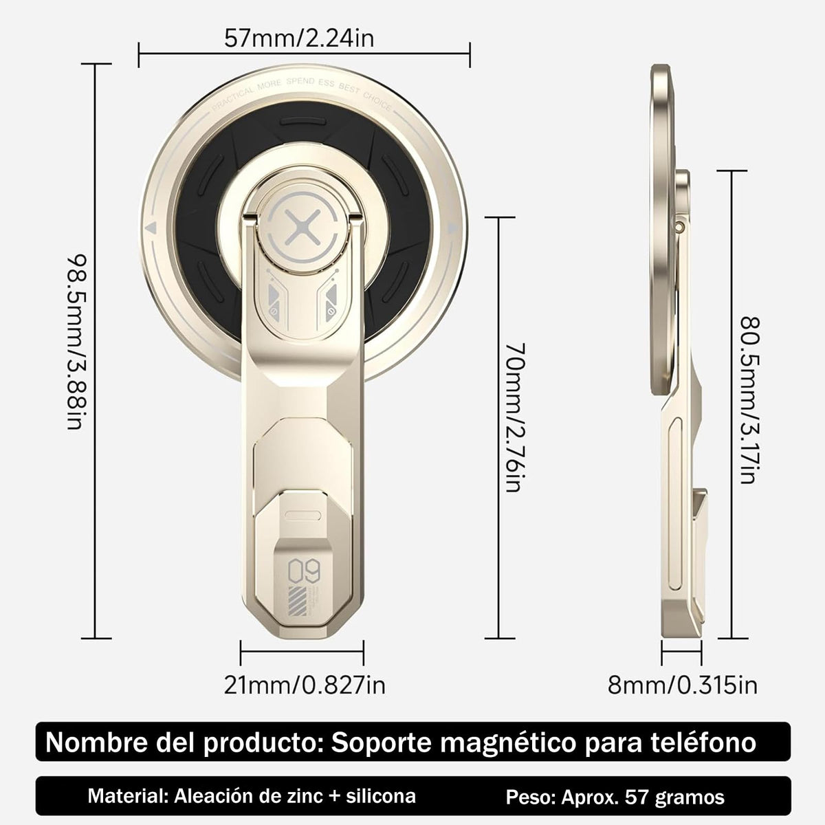 Soporte Magnético para Celular Aleación de Aluminio Dorado 360° con Anillo y Botón de Alivio de Presión