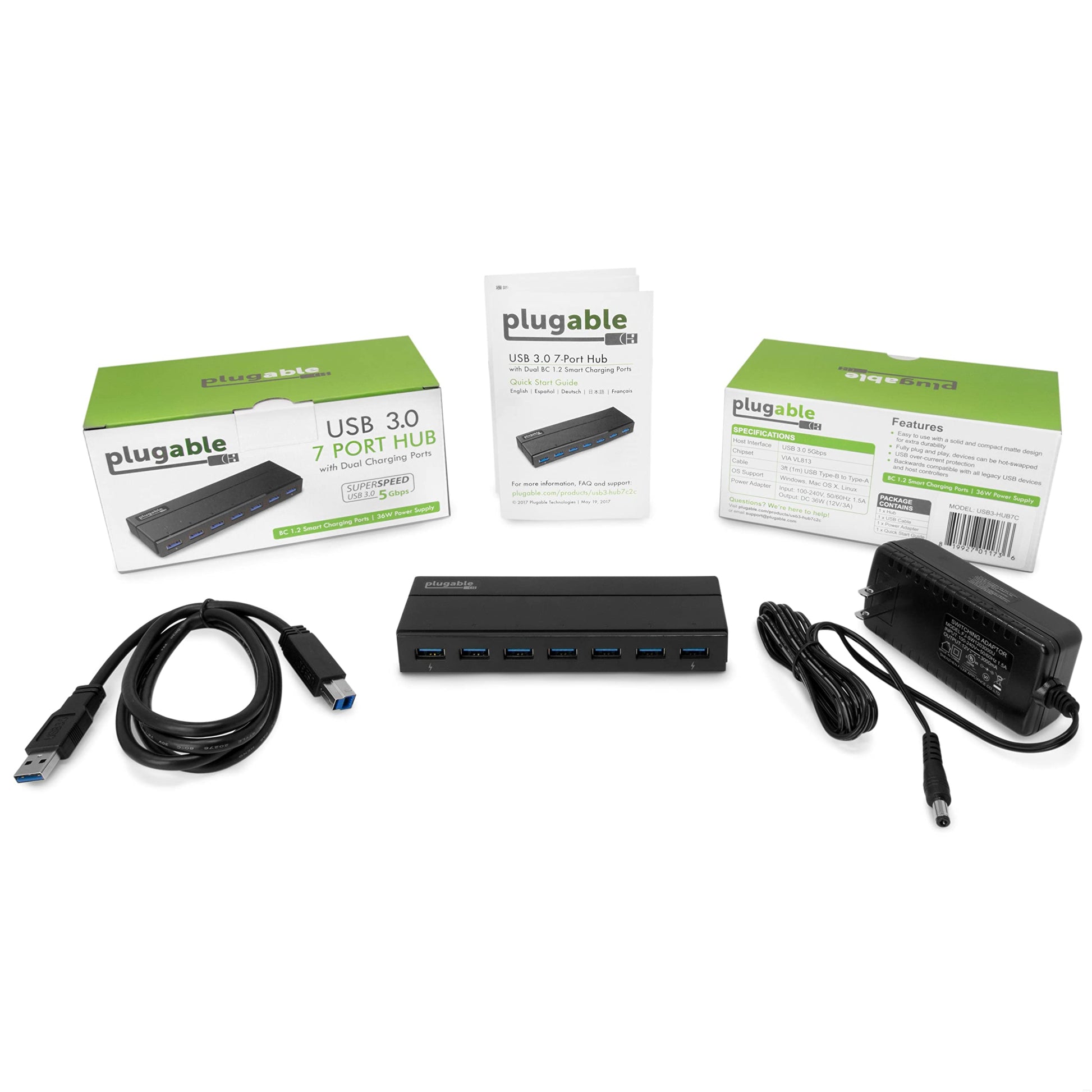 Plugable - Concentrador USB 3.0 de 7 Puertos con Adaptador de Corriente de 36 W (sin Controlador): conecte Dispositivos sin Esfuerzo y transfiera Datos a Alta Velocidad