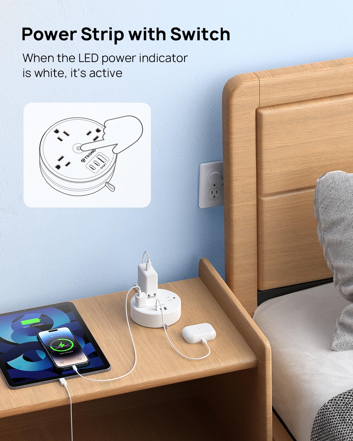 TROND Regleta de Viaje retráctil, Enchufe Plano Ultrafino retráctil, Cable de extensión semirretráctil de 3 m, regleta con 3 Tomas de CA 3 USB (2 USB C), Elementos Esenciales para cruceros