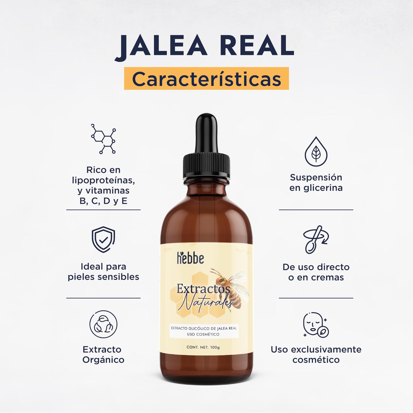 HEBBE - Extracto Vegetal de Jalea Real 100 g | Retrasa los Signos del Envejecimiento, Tonificante y Estimulante | Mejora la Hidratación y Elasticidad de la Piel | Aumenta la Producción de Colágeno | Contenido de 100 g