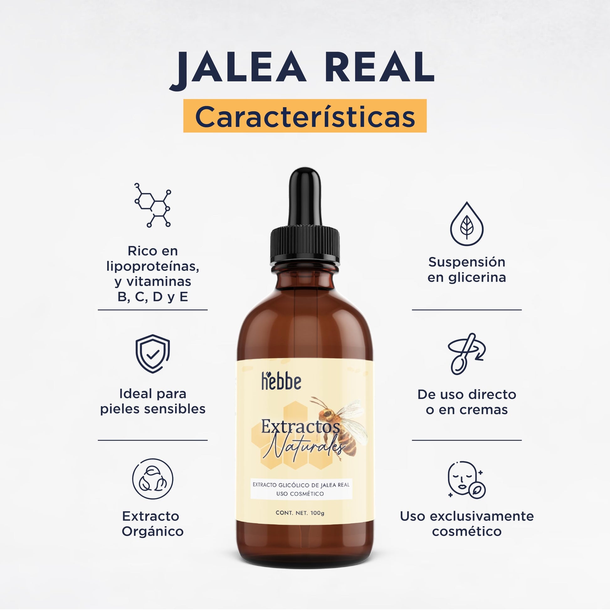HEBBE - Extracto Vegetal de Jalea Real 100 g | Retrasa los Signos del Envejecimiento, Tonificante y Estimulante | Mejora la Hidratación y Elasticidad de la Piel | Aumenta la Producción de Colágeno | Contenido de 100 g